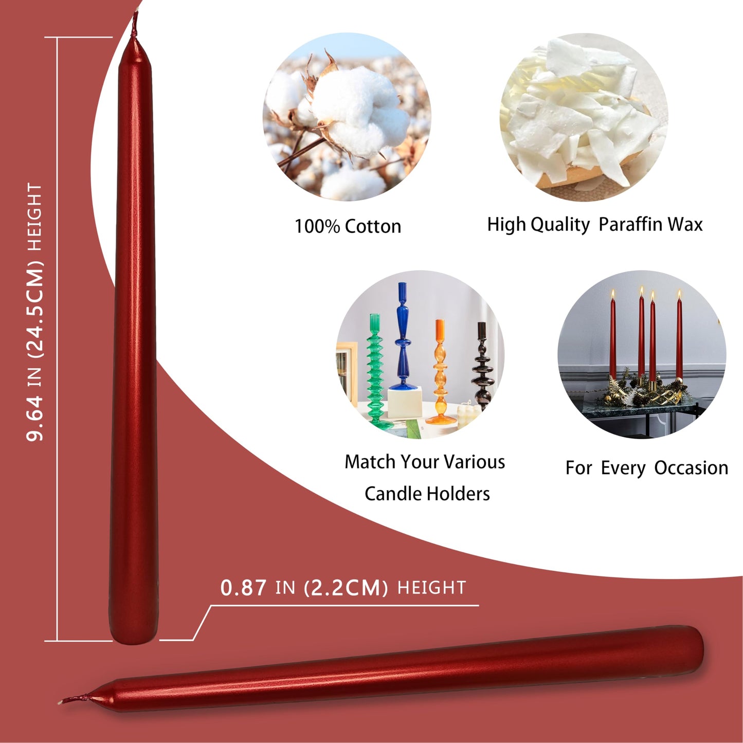 Metal Red Taper Candles Set of 4, 10 Inch Handmade Candle Stick, Unscented Candlesticks, Tapered Candles for Wedding Christmas Dinner Table Home Decor