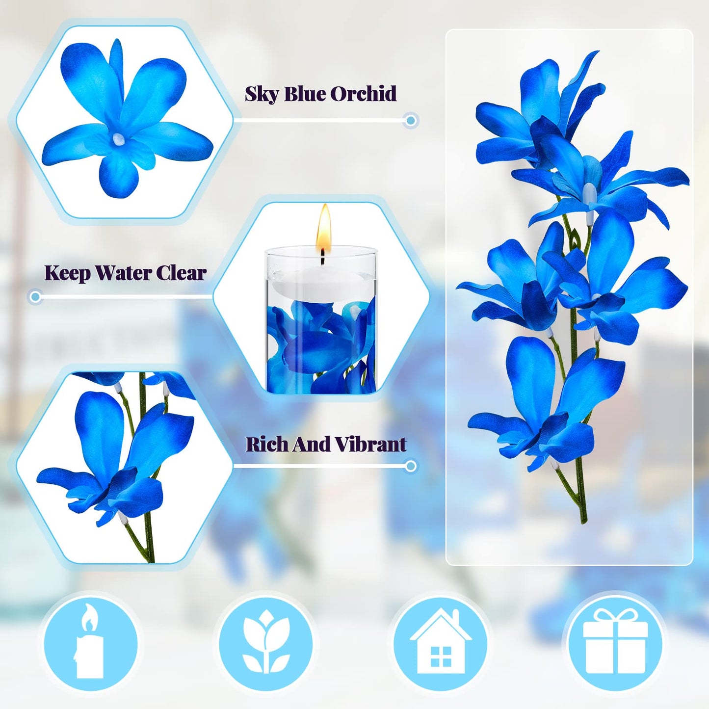 Juexica 28 Pieces Floating Flowers for Centerpieces Blue Orchid Flowers Vase Fillers Unscented Floating Candles for Wedding Table Party Home Decoration