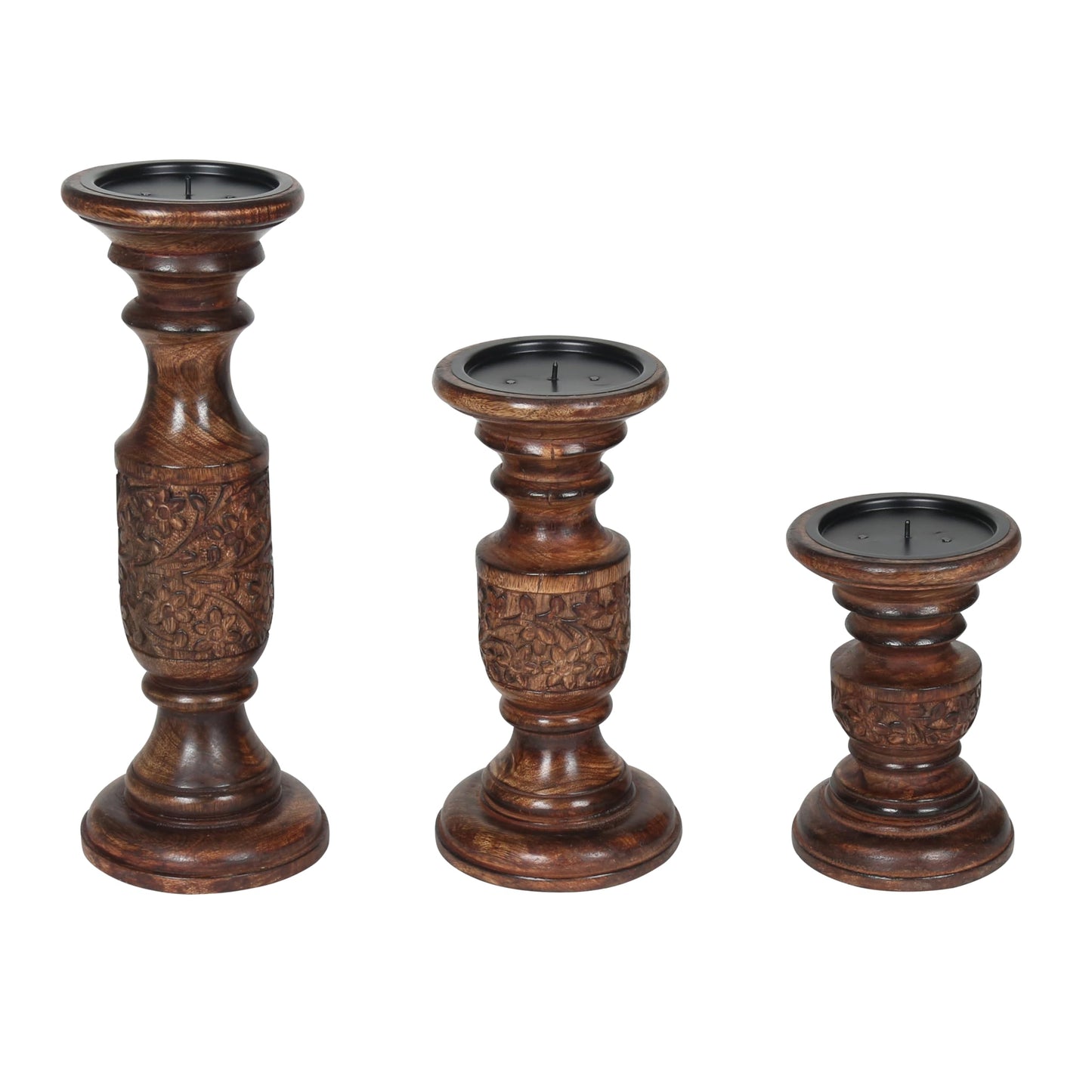 Hand Carved Wooden Pillar Candle Holders - Set of 3 |Carving Decorative Style | Crafted from Mango Wood | Rustic Table Centerpiece Decor | Sized 6", 9" and 12" - Dark Burnt