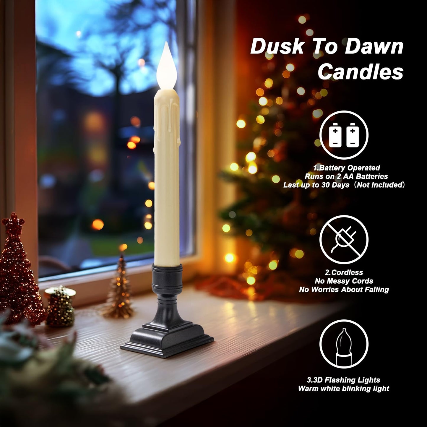 Meigic 6 Pcs Sensor Dawn to Dusk Window Candles, Flickering Battery Candles for Windows, Ultra Bright Fake Candle Lights with Black Holders, Led Candlesticks for Xmas Home Decor, White Light