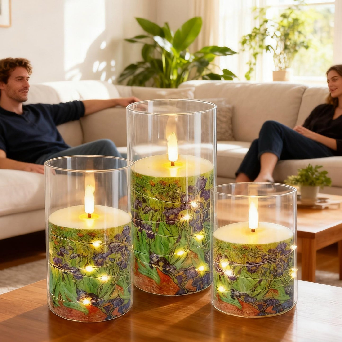NjaoHoo Flickering Flameless Candles, Recessed String Light LED Candles Acrylic Battery Operated LED Pillar Candles with Remote Van Gogh Art Painting Style for Home Decor Set of 3((Irises Printed)
