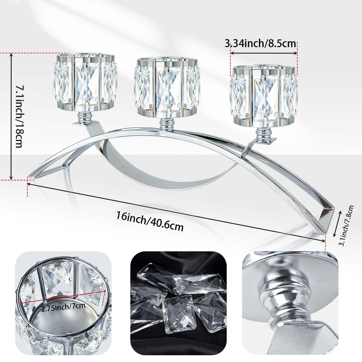 KEHAIL 3 Arms Crystal Candle Holders, Arch Candlestick Table Candelabras Centerpieces for Wedding, Dinning Room, Cabinet Ornaments, Home Decoration， Gift (Silver, 2 Pcs-3 Arm Arched)
