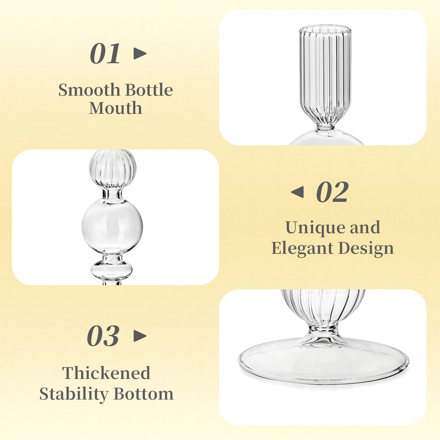 Hewory Glass Candlestick Holders Set: 3PCS Clear Candle Holder Taper Candle Holders Bulk, Crystal Ribbed Candle Sticks Holder Decor for Table Centerpiece Wedding Christmas Thanksgiving Dinner