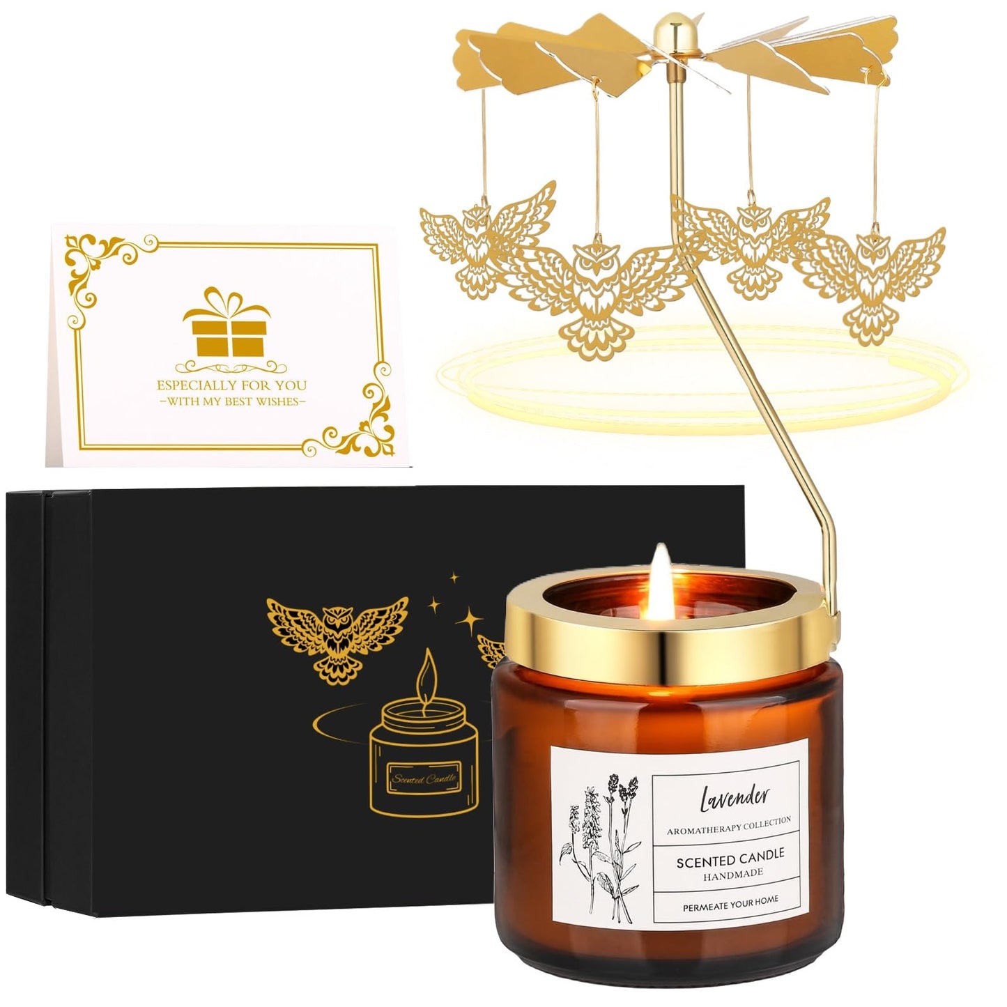 Owl Candle Gifts for Women, Rotatable Lavender Scented Candle Gifts for Mom Wife Anniversary Valentine's Day Christmas, Unique Birthday Gift for Sister Girlfriend with Gift Box