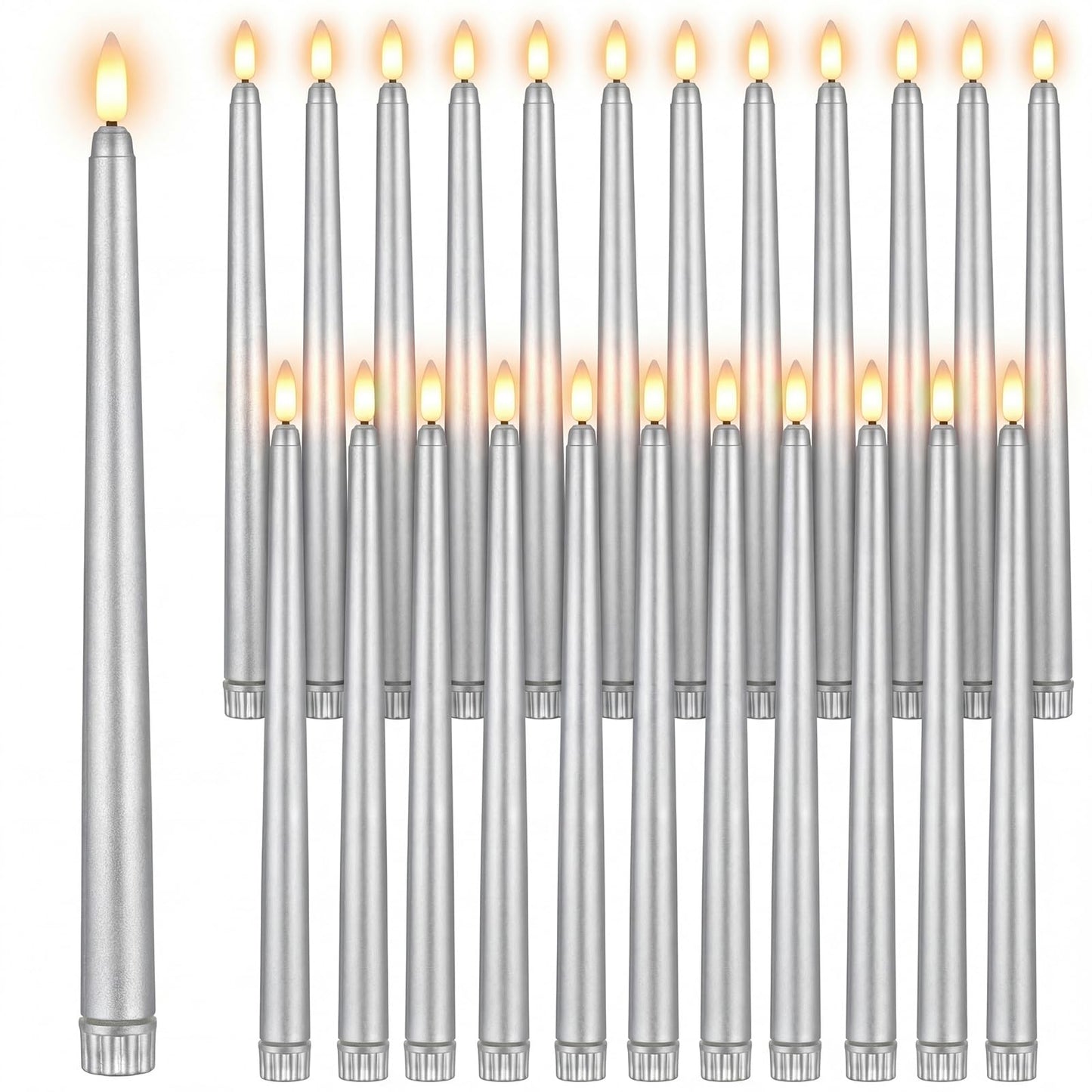 Macarrie 24 Packs Flameless Taper Candles Battery Operated Fake 11 Inch Long Candlelight LED Flameless Candlesticks Flickering Tapered for Spring Summer Wedding(Silver)