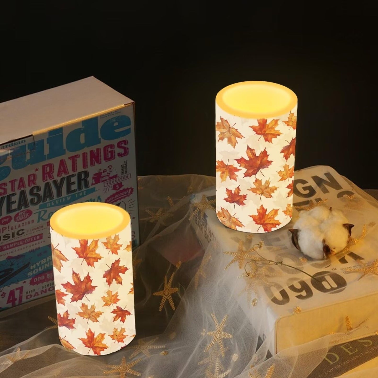 Luarisgur Maple Leaves Candles Battery Operated with Timer LED Flameless Candles Orange Warm Light Electric Fake Fall Theme Candles for Dining Room Bedroom Living Room Home Thanksgiving Party