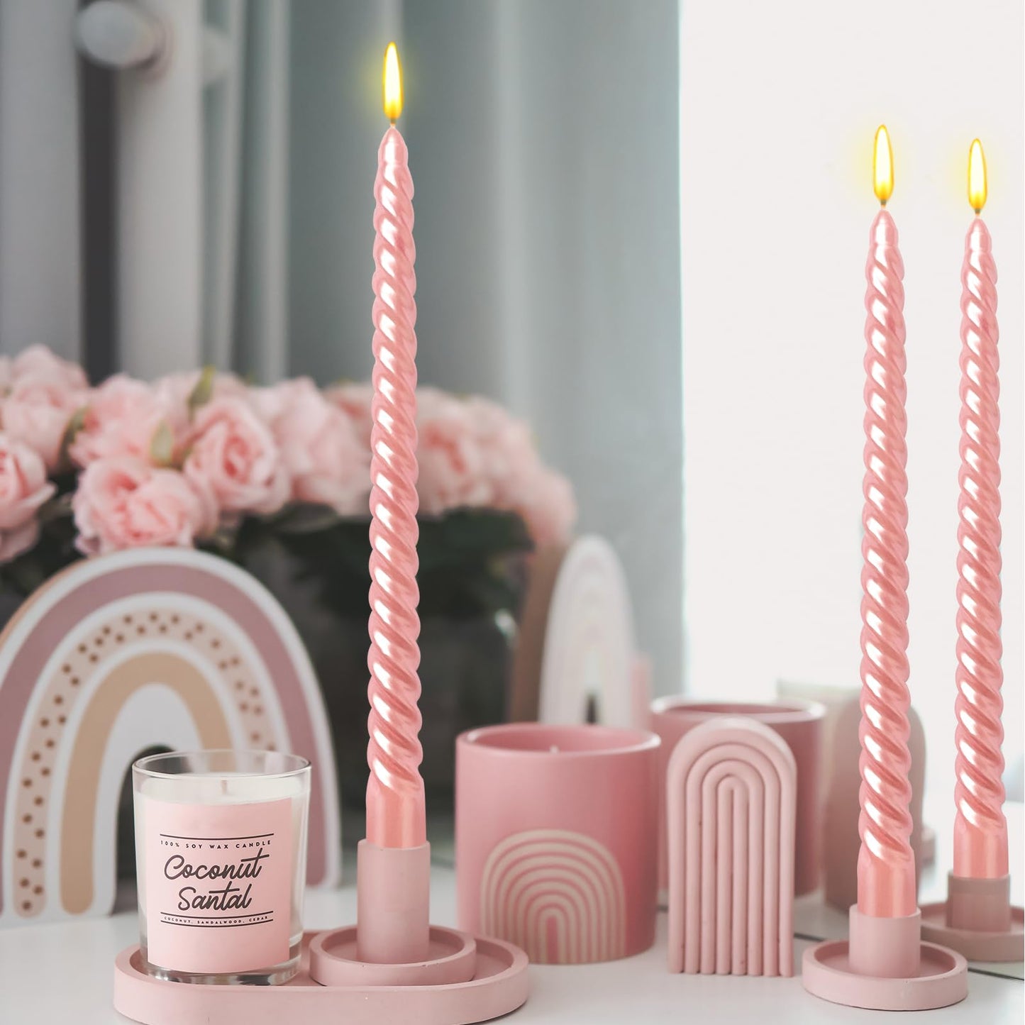 10 Inch Metallic Pink Spiral Taper Candles Set for Holiday Decor, 12 Pack Unscented Twisted Candlesticks, Dripelss Thin Tapered Candles for Wedding Dinner Holiday