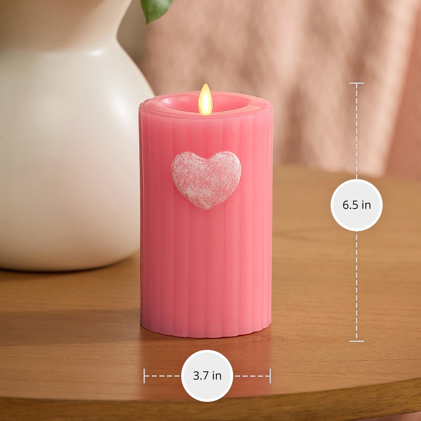 Luminara Flickering Flameless 3.7" x 6.5" Pillar Candle, Battery Operated Remote Ready (Sold Separately) & Timer Function, LED Light, Ribbed Real Pink Wax w/Embossed Heart Design for Valentine's Day