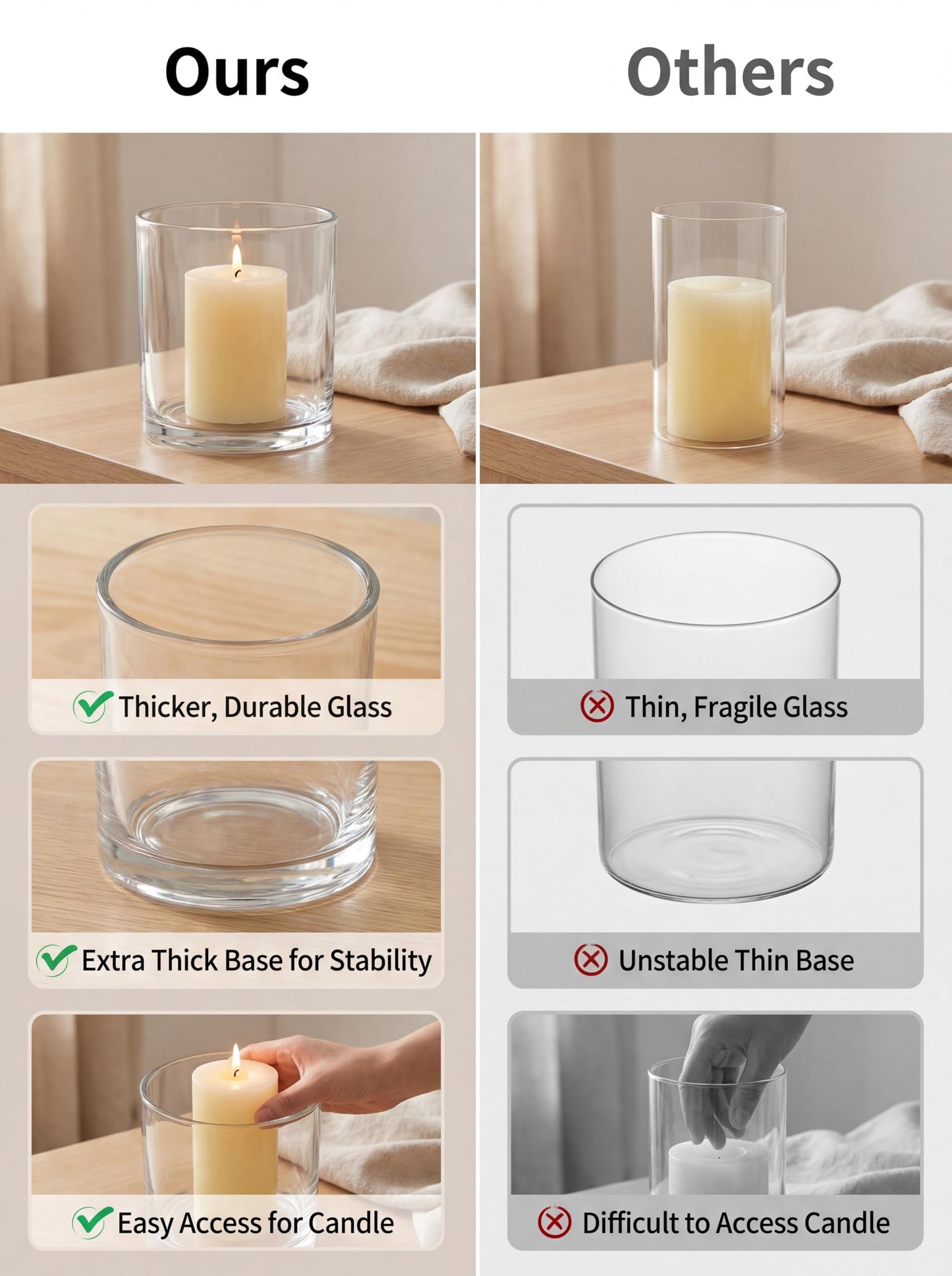 NUPTIO Hurricane Glass Candle Holders: Set of 3 Thick Glass Large Pillar Candle Holder - Clear Vases for Wedding Table Centerpieces Decor