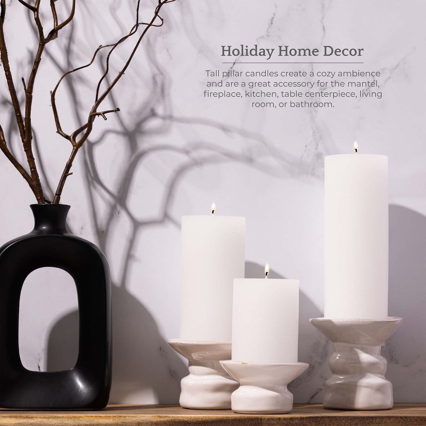 BASK Mottled Pillar Candles - Unscented White Pillar Candles Set of 3 - Dripless, Smokeless for All Occasions