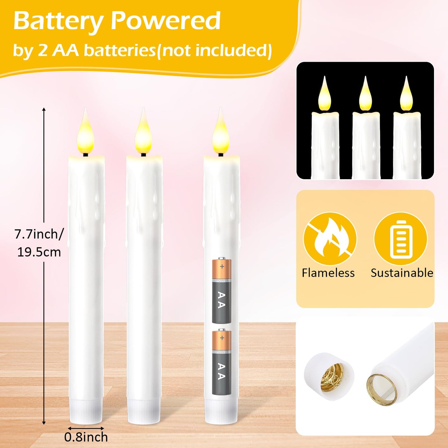 Baquler 50 Pcs 7.7 Inch White Flameless Taper Candles Dripless Battery Operated LED Flickering Candlesticks Window Candle with 3D Flickering Flame for Easter Home Wedding Church Decor