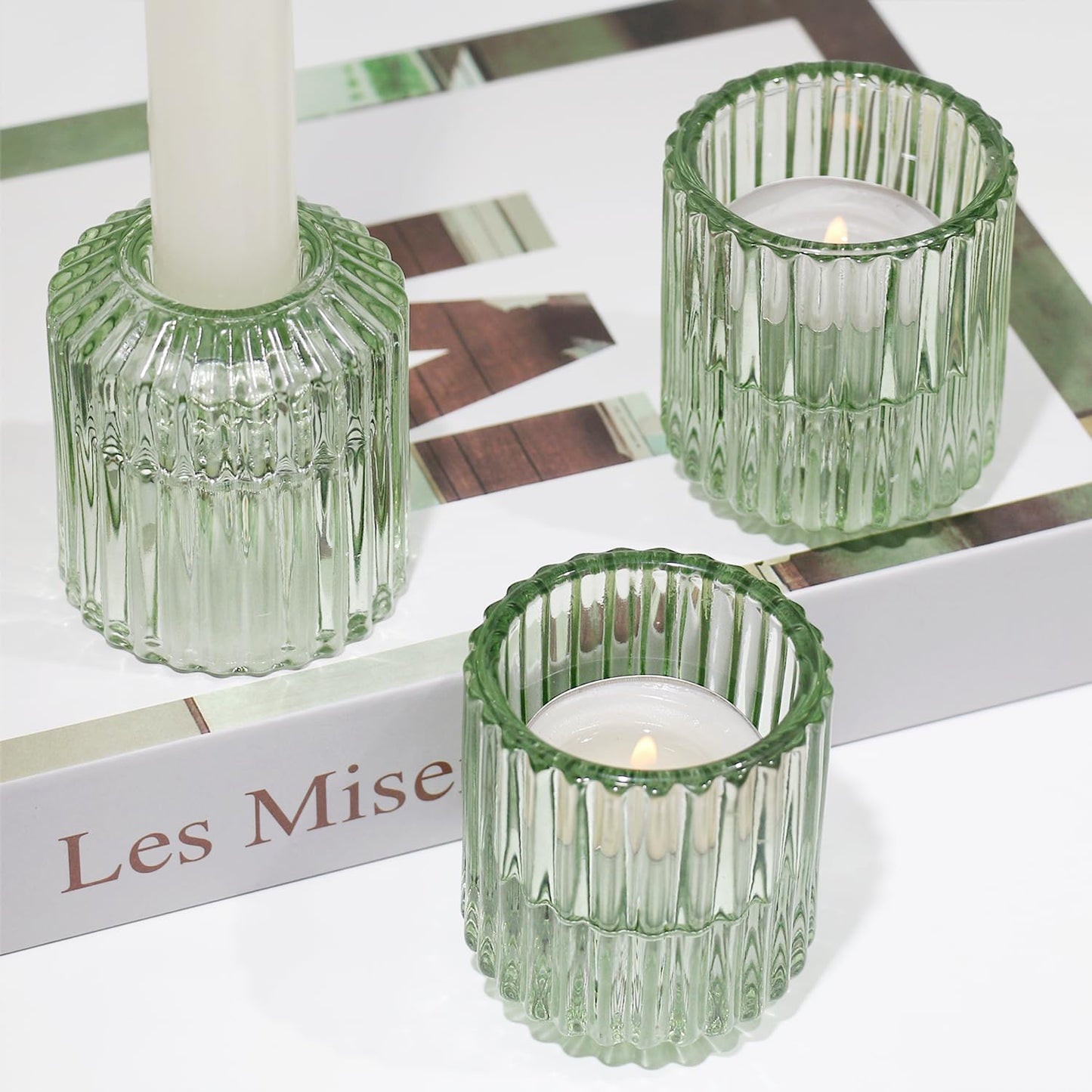 CHOCSTAY Reversible Green Glass Candle Holder Set of 6, Thick Heat-Resistant Glass Candlestick Holders for Taper, Tealight, Votive, LED Candles, Perfect for Wedding, Party, Home Décor