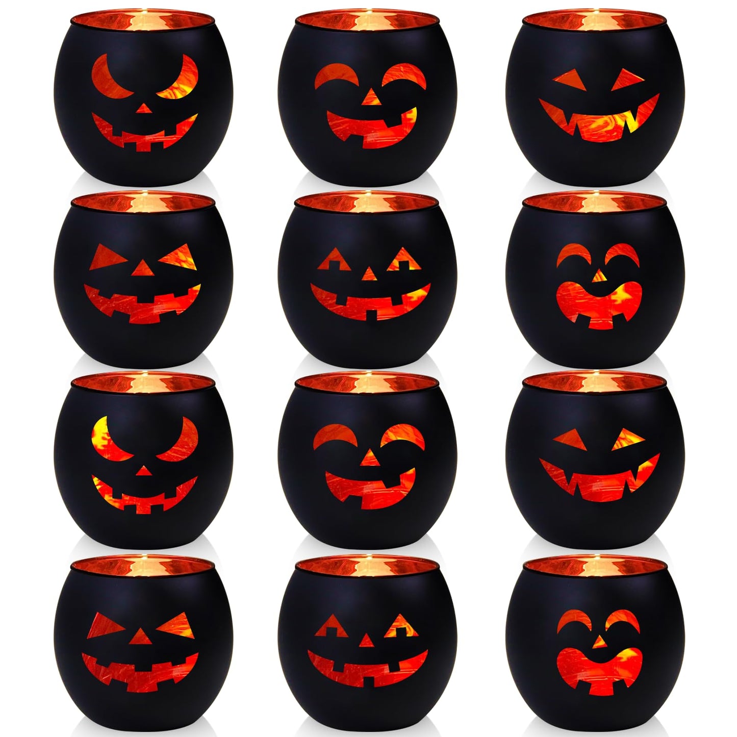 SHMILMH Halloween Table Centerpiece Candle Holders Set of 12, Black and Gold Glass Votive Holder with 6 Grimace, Tealight Holders Bulk for Halloween Party D?or