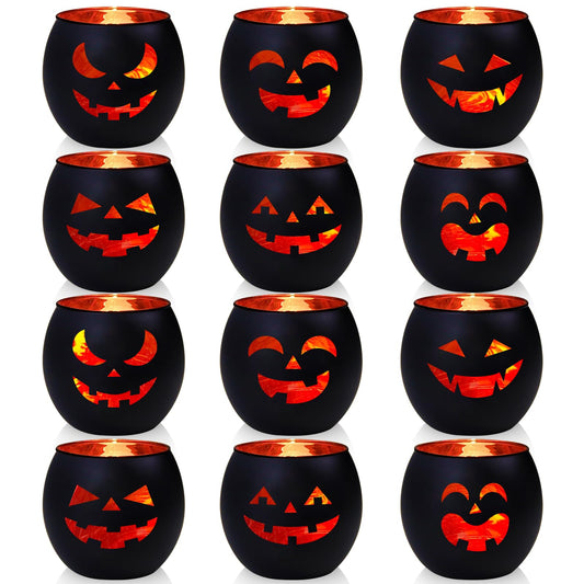 SHMILMH Halloween Table Centerpiece Candle Holders Set of 12, Black and Gold Glass Votive Holder with 6 Grimace, Tealight Holders Bulk for Halloween Party D?or