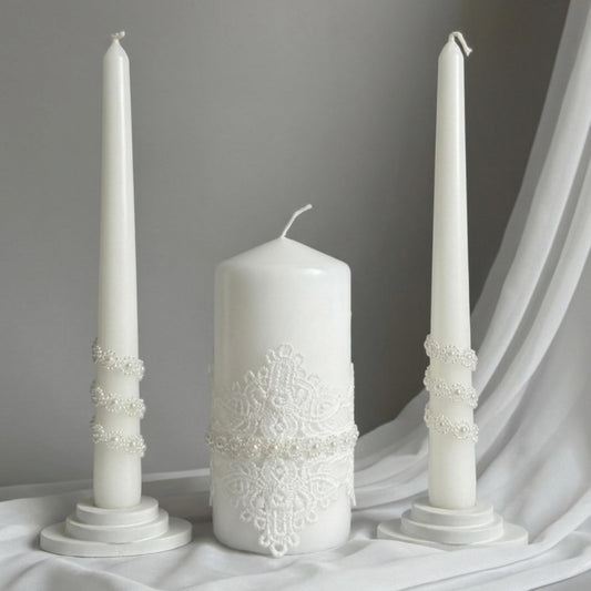 Magik Life Unity Candle Set - Wedding Ceremony & Reception – 6” Pillar & Two 10” Taper Candles – Long Burning Unity Candles for Marriage Ritual – Handmade in USA – White | Lace