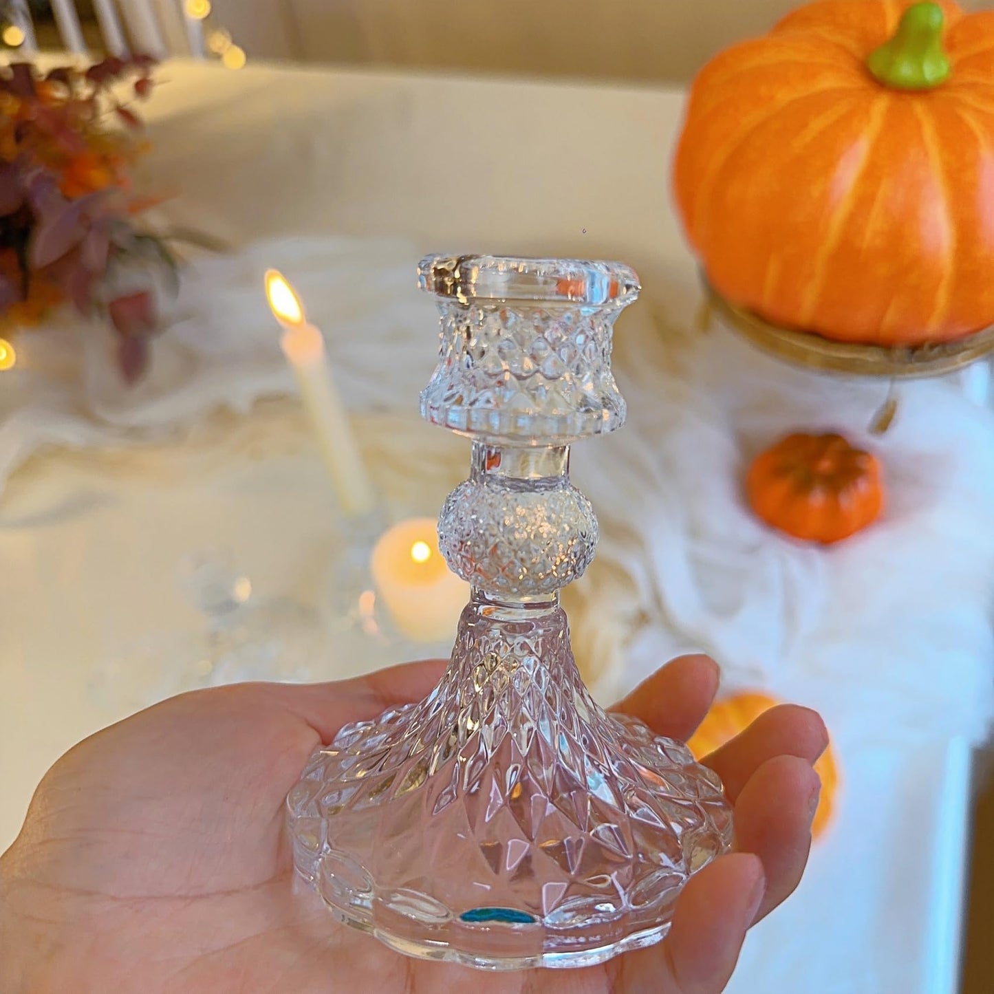 ECHFSM Glass Candlestick Holder,Striped Taper Candle Holders,Set of 6 Candle Stand for Table Centerpieces, Home Decor,Weddings,Festival and Parties (Clear Dimond Pattern)