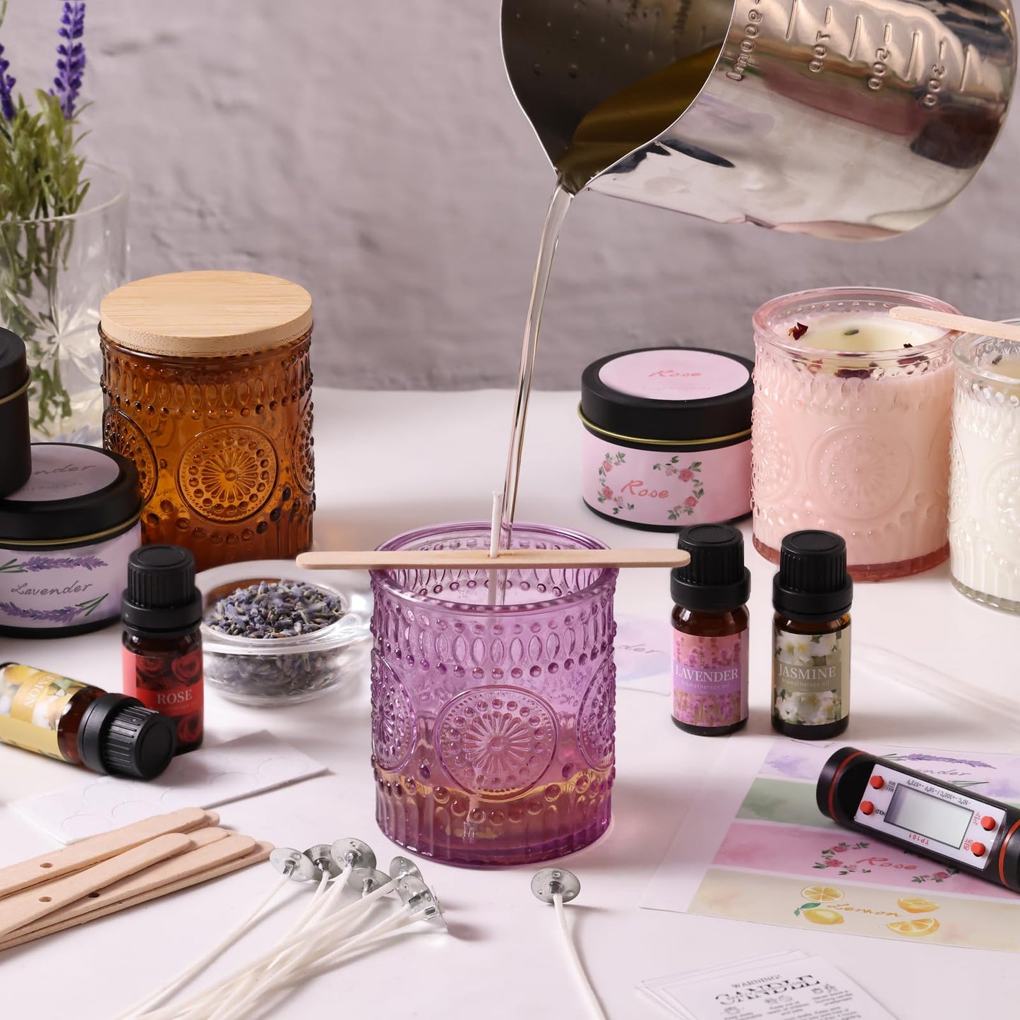 DARJEN Candle Making Kits - Soy Candles Making Supplies for Adults Including 4 Candle Jars(Clear, Pink, Amber, Purple), Candle Tins, Wax, Scents, Dried Flower & More, DIY Arts & Crafts Kits Home Decor