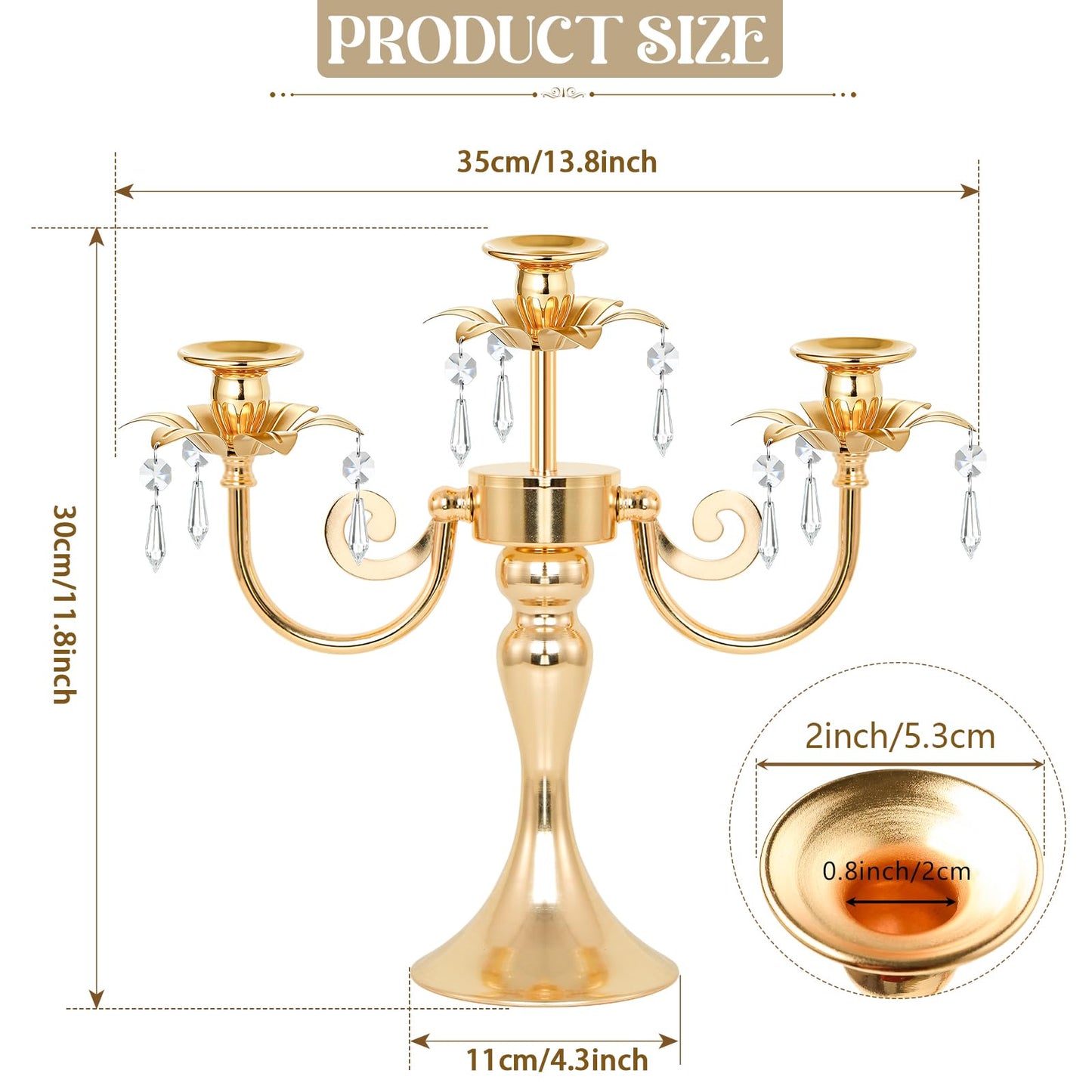 KEHAIL Metal 3 Arm Gold Candelabra with Crystal Pendants - 11.8 Inch Tall Candle Holders, Set of 6 - Elegant Taper Candlestick Stand for Wedding, Dining Table, Party Home Decoration