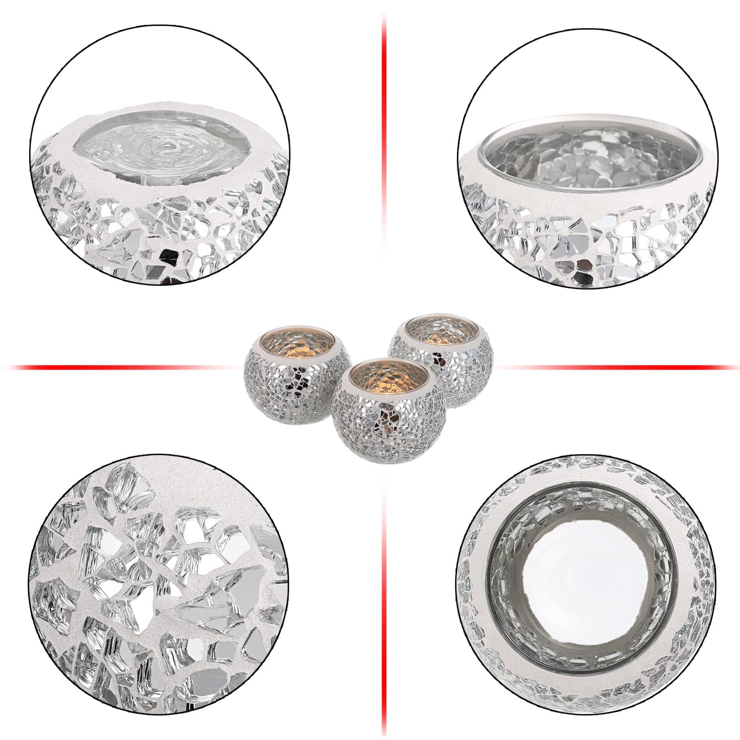 OwnMy 3PCS Mosaic Glass Tea Light Holders Round Bowl Votive Candle Holders Pillar Candle Stands, Silver Glass Mosaic Tealight Holders Potted Plant Bowl Vase Candle Centerpiece for Dining Table Wedding
