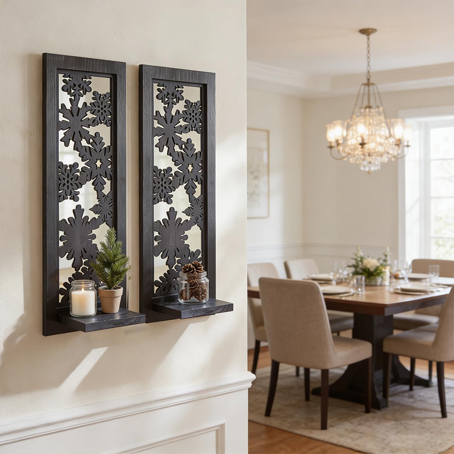 ZEXUIRU 2 Set Rustic Candle Sconces Living Room Bedroom Entryway Wood Mirrored, Farmhouse, Carved Frame Wall-Mount Wooden Candle Holders Wall Decor Hanging Handmade Holder - Black