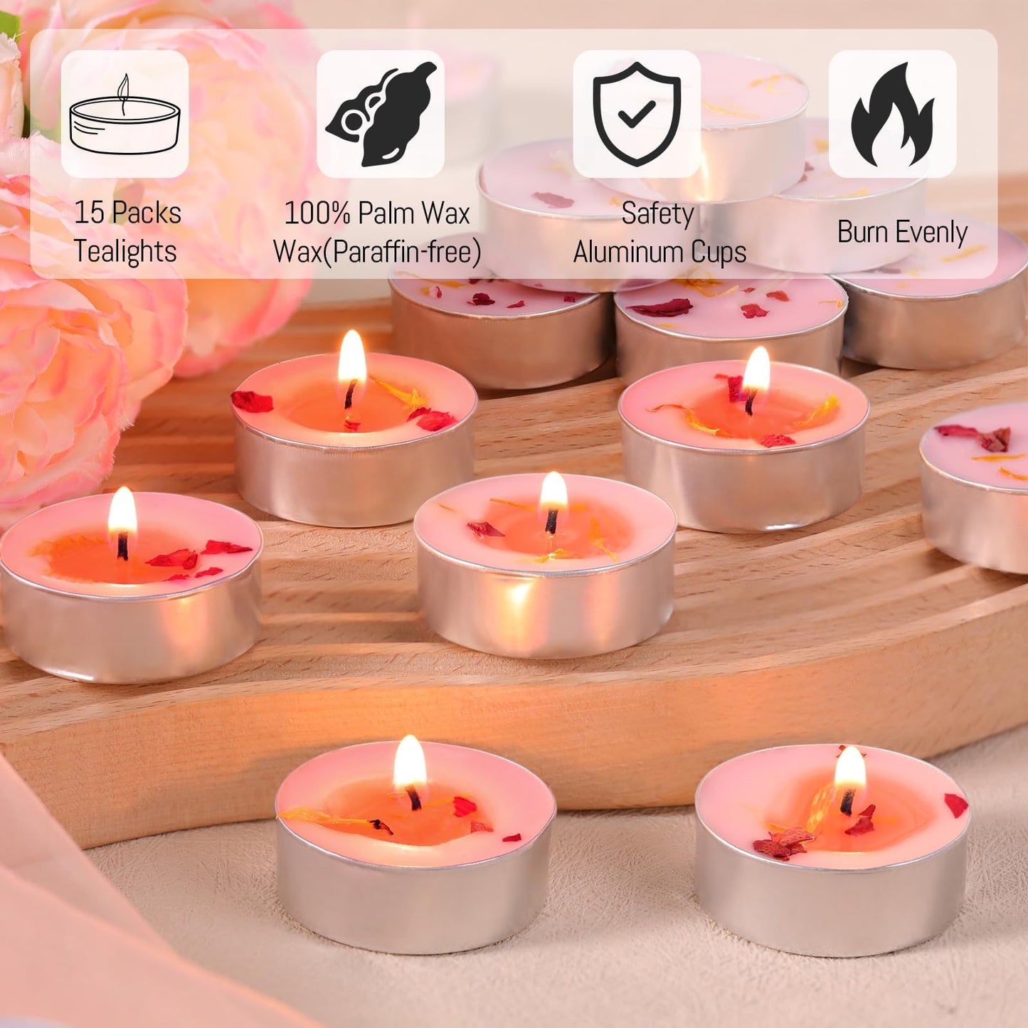 HAVITI 15 Pcs Rose Scented Tealight Candles, Tea Lights Candles, 4H Smokeless Palm Wax Pink Tea Candle for Weddings,Christmas,Spa, Bath