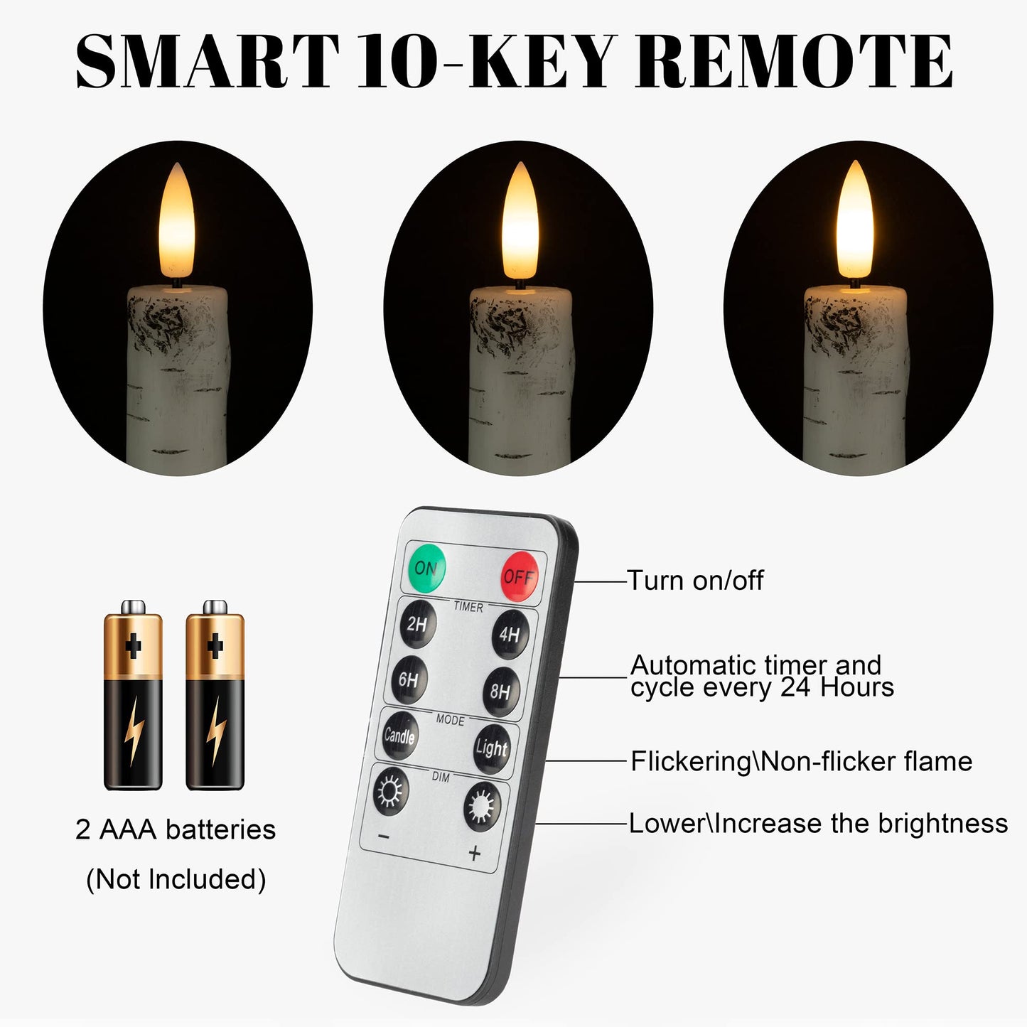 Birch Bark Flameless Taper Candles with 3D Wick, 9.6" Real Wax LED Candles with 2 Remote and Timer, 6 Pack Flickering Candlesticks Battery Operated Electric Candle for Home, Wedding, Party, Decor
