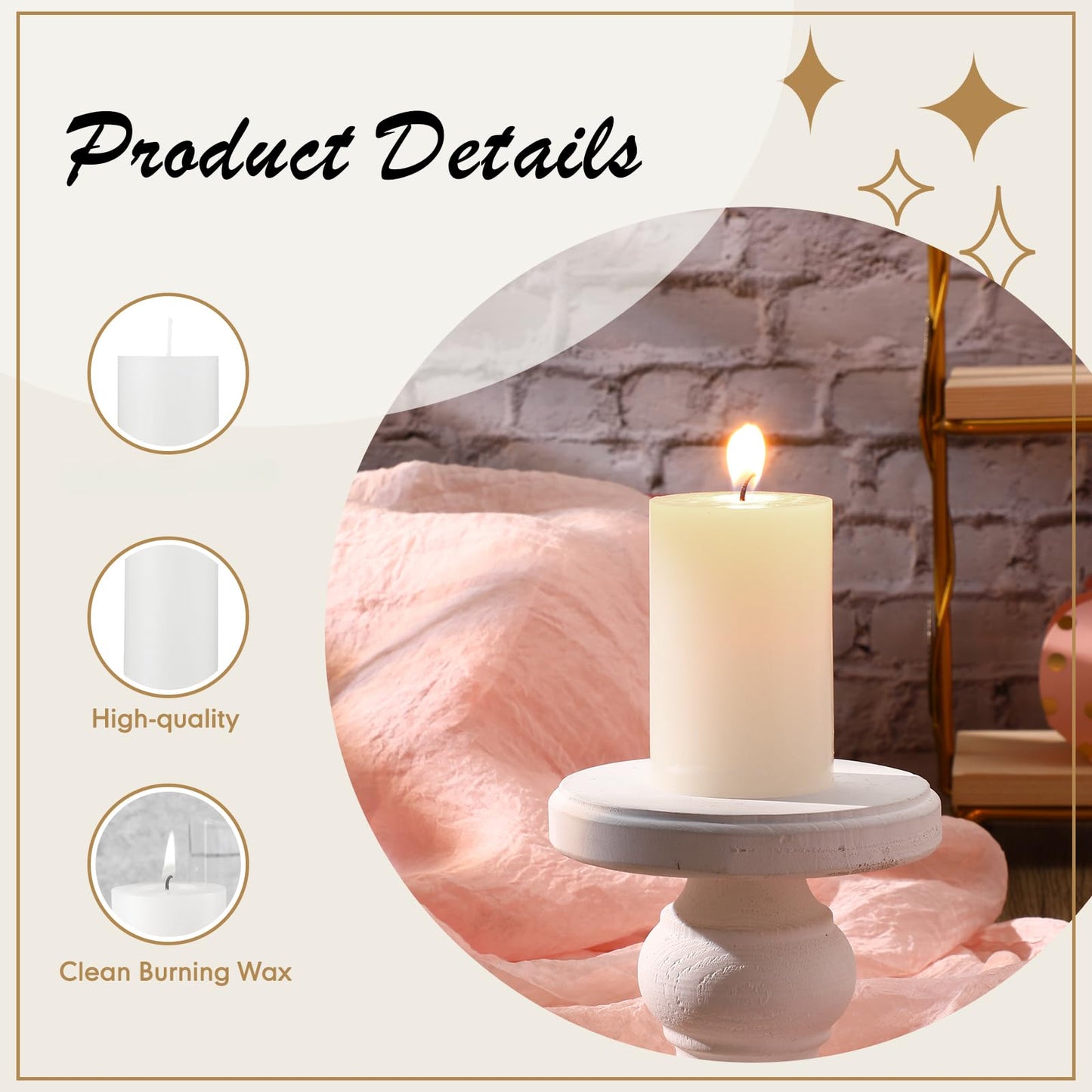 Nuogo 24 Pcs Ivory Pillar Candles Bulk Set of 3 Long Burning Wax Pillar Candles 2 in x 3, 6, 8 Inch Dripless Unscented Smokeless for Wedding Party Spa Lantern Fireplace Home