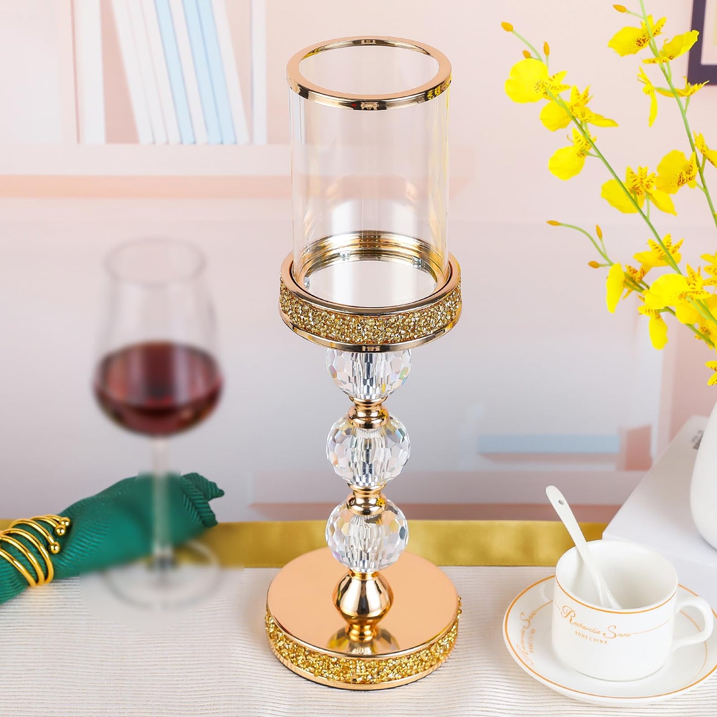 Hurricane Glass Candle Holders, Gold Pillar Candle Holders for Pillar Candle, Magnetic Glass Cover, Crystal Candlesticks Holder for Dining Coffee Table, Wedding,Events,Parties, Home Decor
