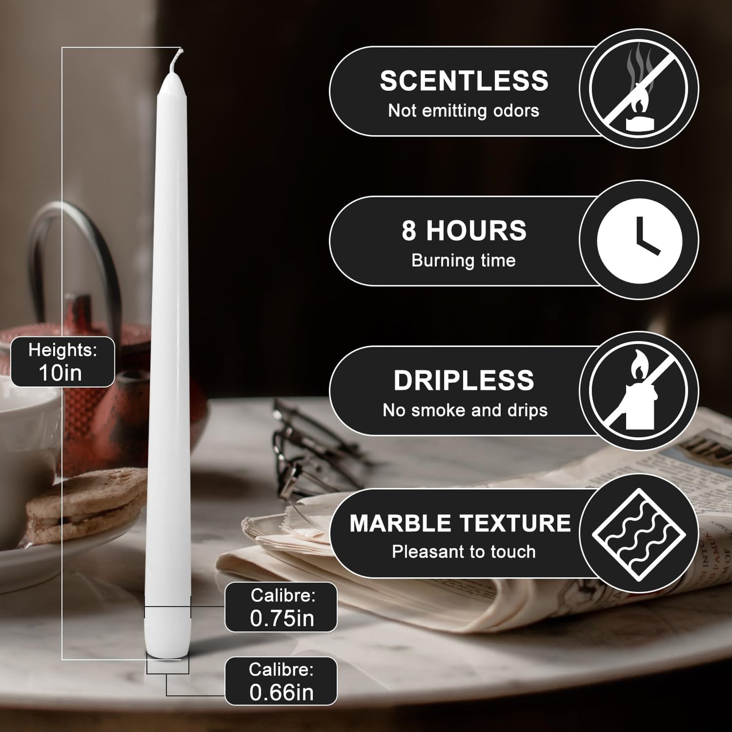 CANDLESEE 12 Pack White Taper Candles丨Taper Candles 10 Inch Dripless丨Unscented & Smokeless Candlesticks Bulk丨7-8 Hours Long Burning Tall Candles丨Ideal for Christmas Weddings Parties Dinner