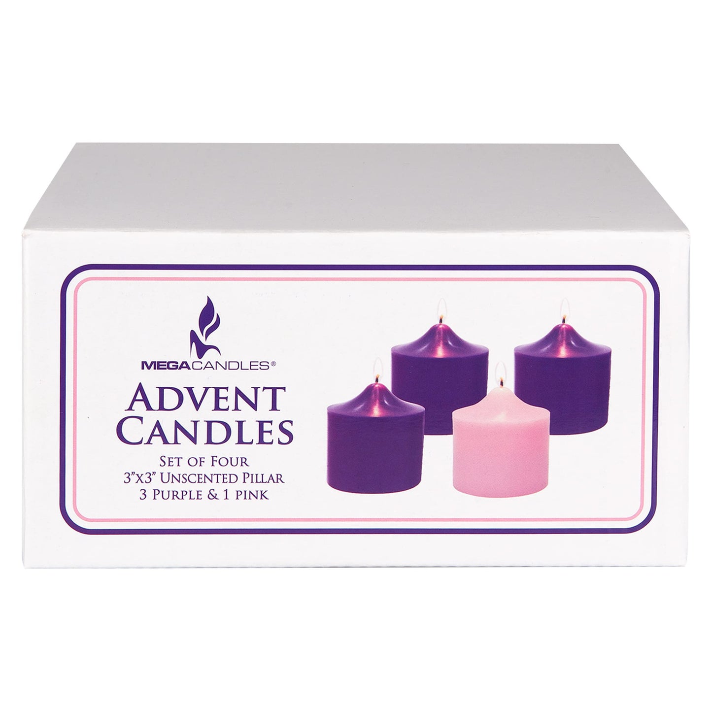 Mega Candles 4 pcs Unscented Christmas Advent Candles Set, Hand Poured Premium Wax Bell Top Round Pillar Candle 3 Inch x 3 Inch, Holidays, Festivities, Devotional, Church, Wreath, Party, Gifts