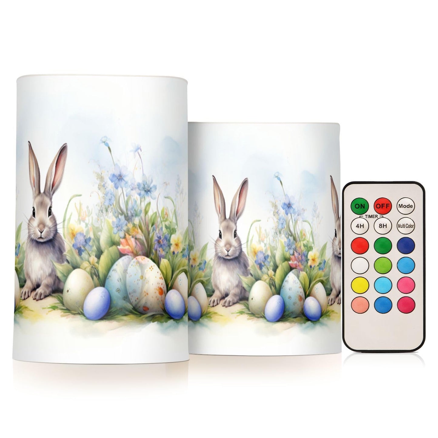 zyrtty 2 Pack Plastic Flameless Candles Easter Rabbit Colorful Eggs Bunny Watercolor Flower Battery Operated with Remote and Timer Real Wax LED Flickering Pillar Candles Set Window Christmas Holiday D