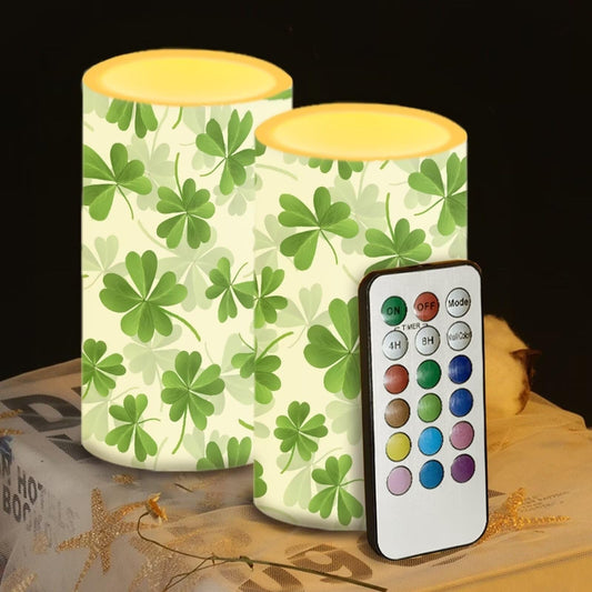 Luarisgur St Patricks Day Candles Battery Operated Flameless Candles with Remote Fall Decorations LED Fake Candles for Home Bedroom Irish Lucky Day Leaves Table Decor 3 inch Set of 2