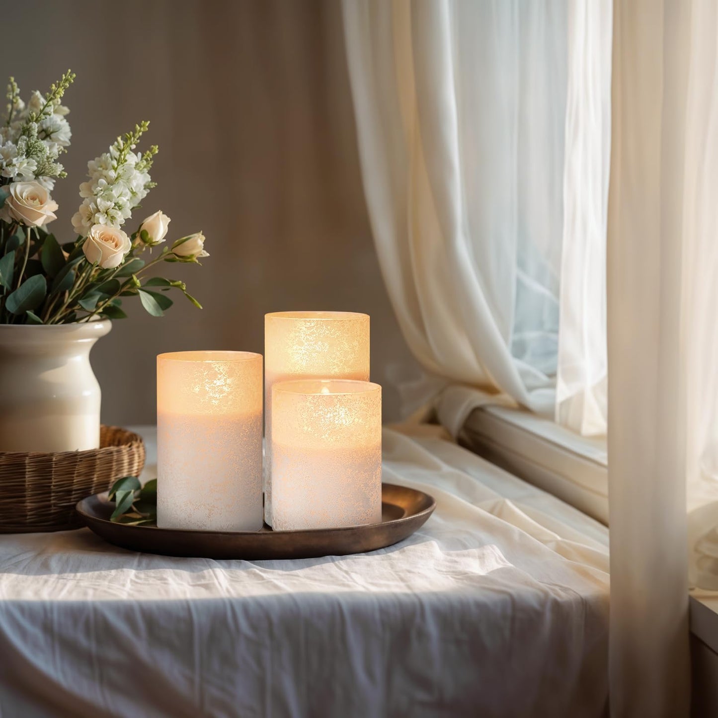 ANGELLOONG White Candles Battery Operated, White Flameless Candles with Remote, Set of 3 Spring Electric Fake LED Pillar Candle in Glass for Home Decor Wedding Decoration