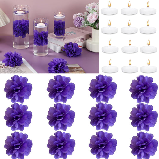 ZJGXH 24 Pcs Floating Candles for Centerpieces and Floating Flowers Vase Fillers for Centerpieces Artificial Purple Flowers for Wedding Table Party Home Decoration