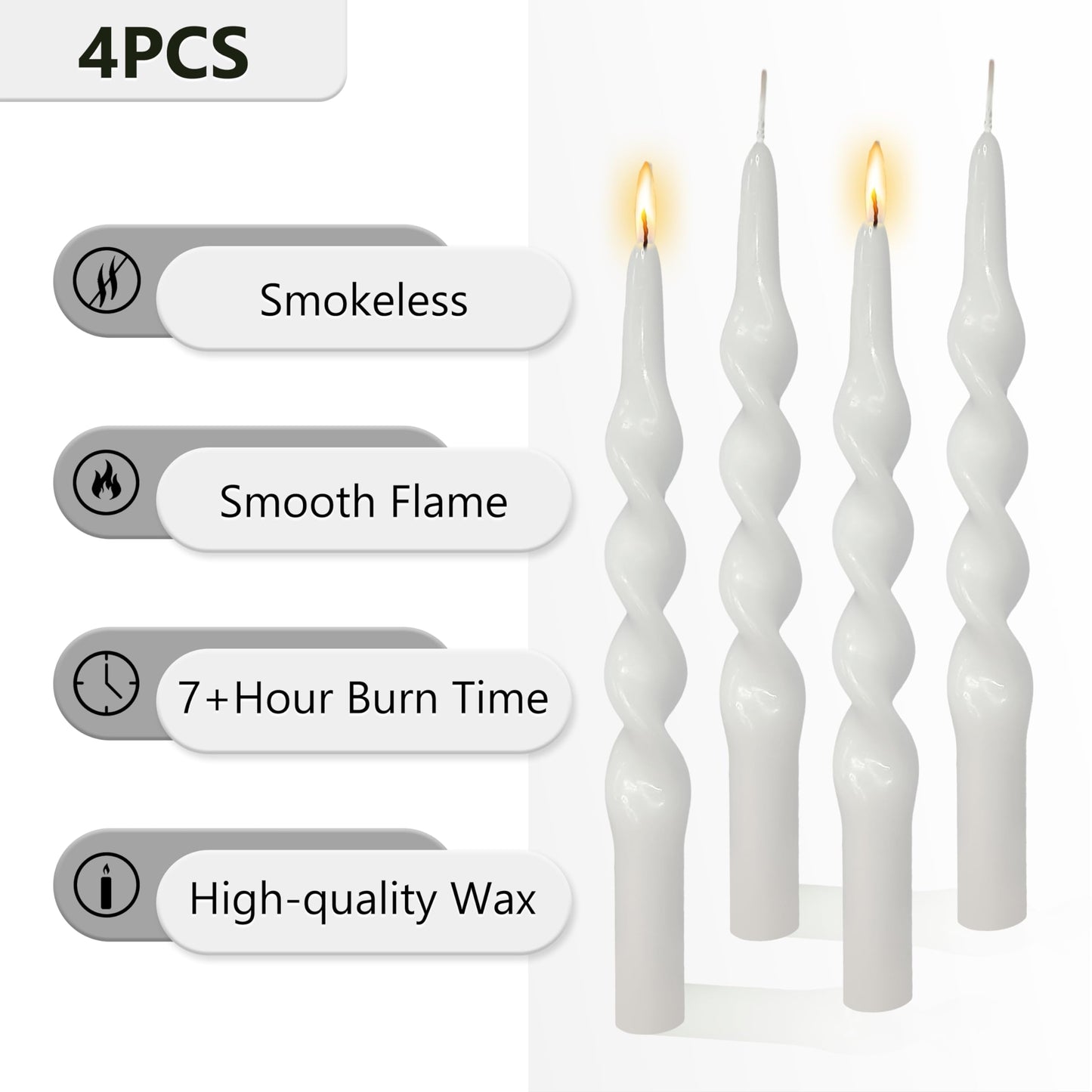 Spiral Taper Candle White Twisted Candlesticks 4 PCS Long Candle Sticks Unscented Tapered Candles for Home Décor Weddings Festive Seasons Holiday