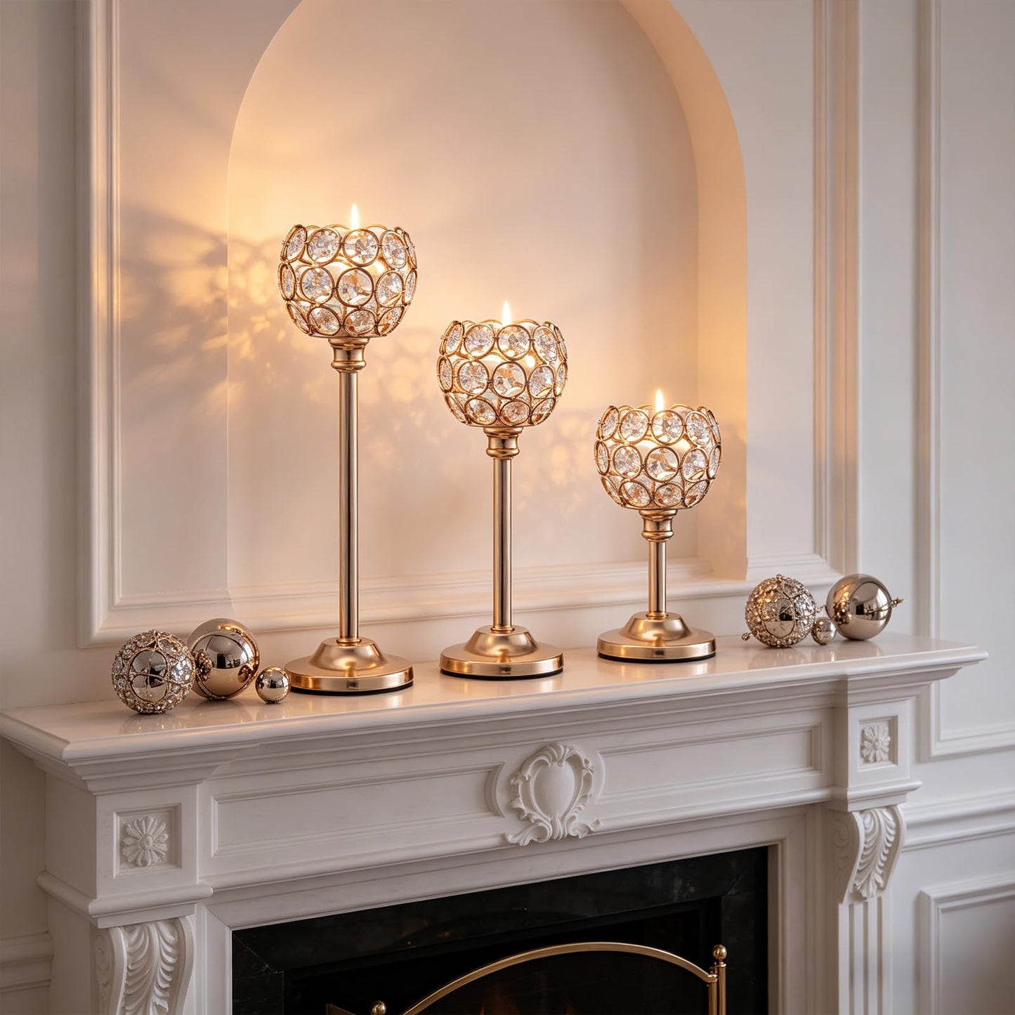 Candle Holder Candlestick Holders- Set of 6 Gold Crystal Pillar Candle Holders, Metal Candlestick Stands for Wedding Centerpieces,Table Decor for Church,Housewarming (Gold, 2 Sets (6 Pcs))