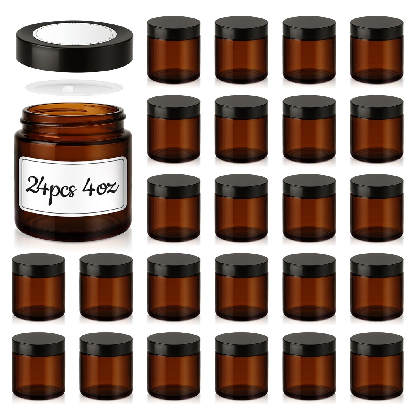 4 oz Glass Jars with Lids, 24 Pack Amber Small Glass Jars with Black Lids Leakproof Round Airtight Empty Cosmetic Travel Containers with Inner Liners For Lotions Powders and Candle Making