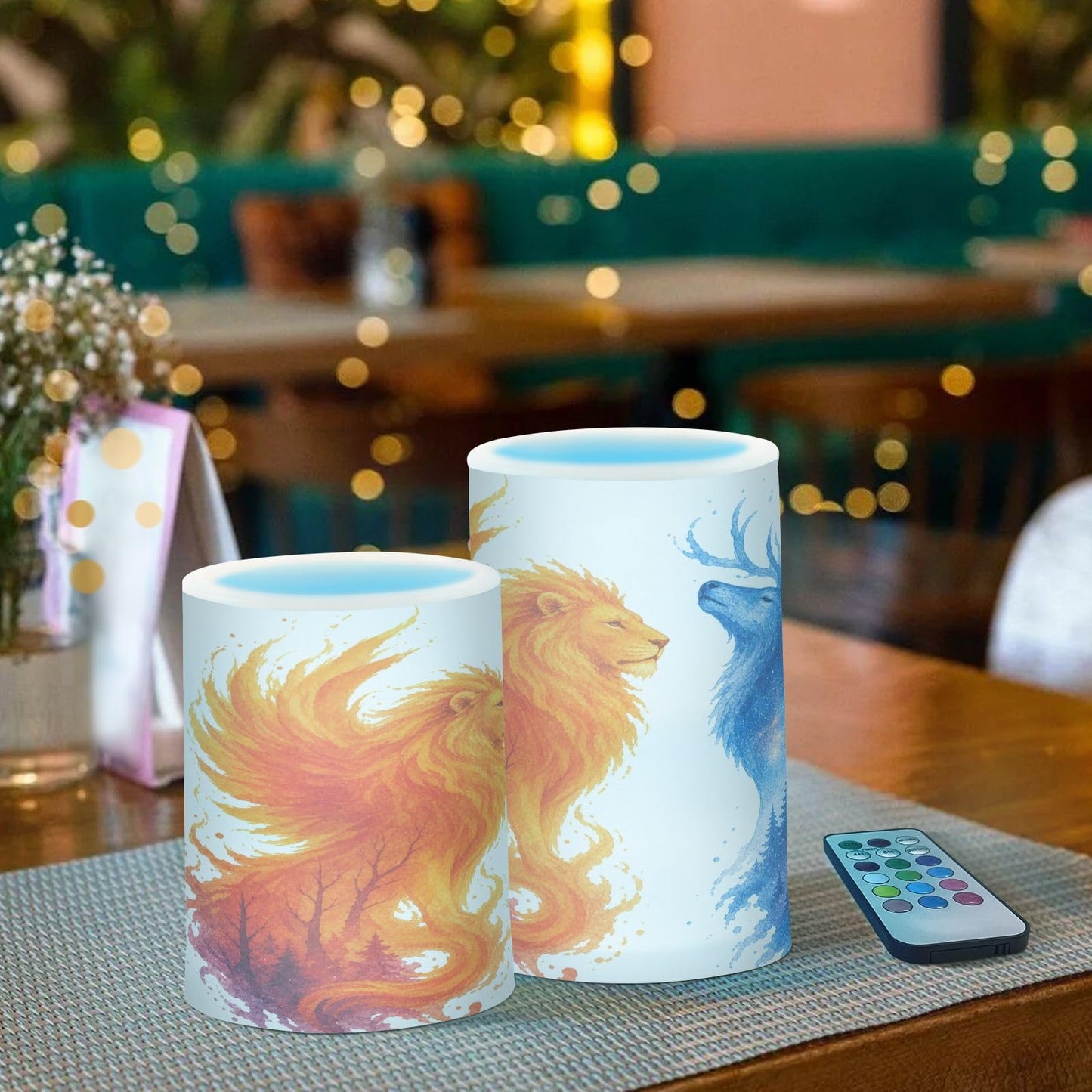 KGLDSNM Fire Lion Forest Deer LED Flameless Flickering Candle with Remote Timer Battery Operated for Indoor Outdoor Party Holiday Home Decor 2 Pack