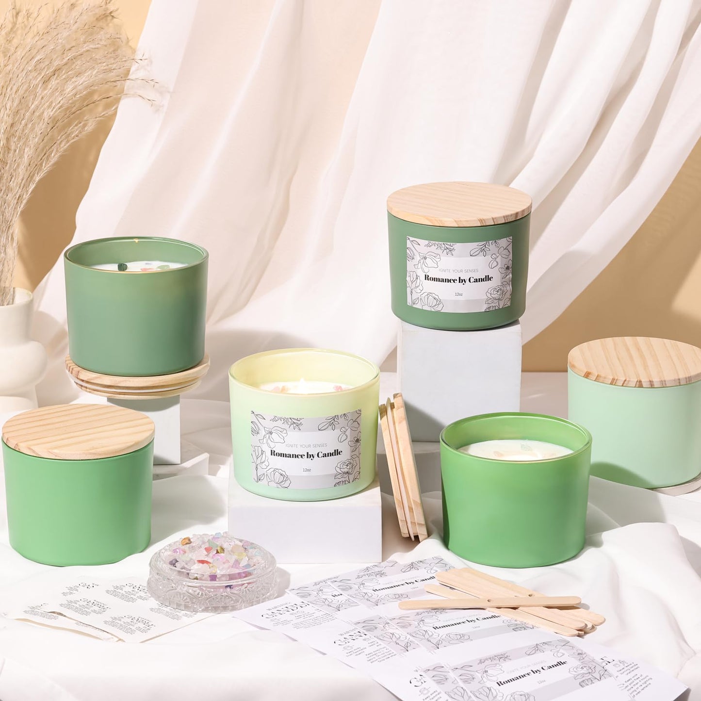 6Pcs Assorted Green Candle Jars for Making Candles, 12oz Empty Candle Jars with Bamboo Lids,Labels and 100g Crystal Rocks, Glass Jars for Candle Making Supplies, Candle Containers for DIY Gifts