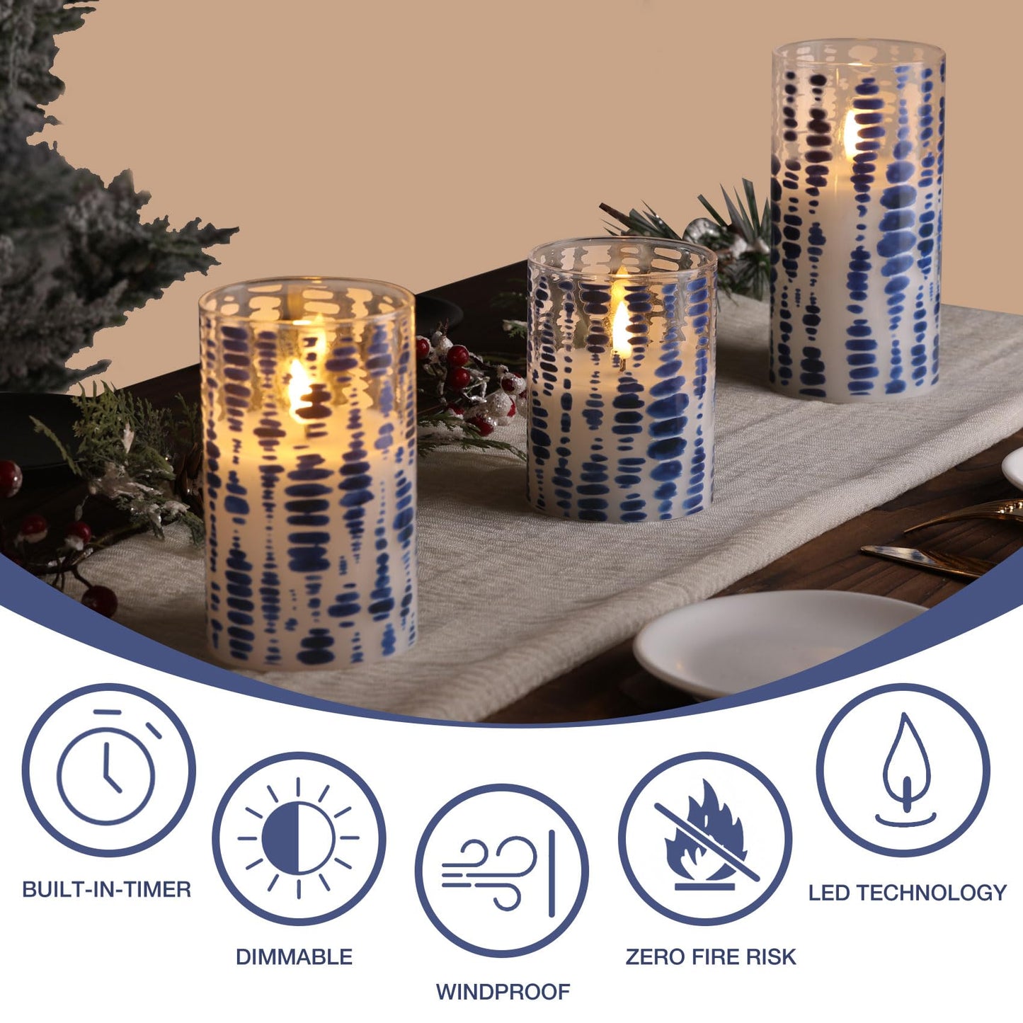 Eywamage Blue Dots Flameless Candles in Glass Jars, Flickering Battery LED Pillar Candles with Remote Set of 3