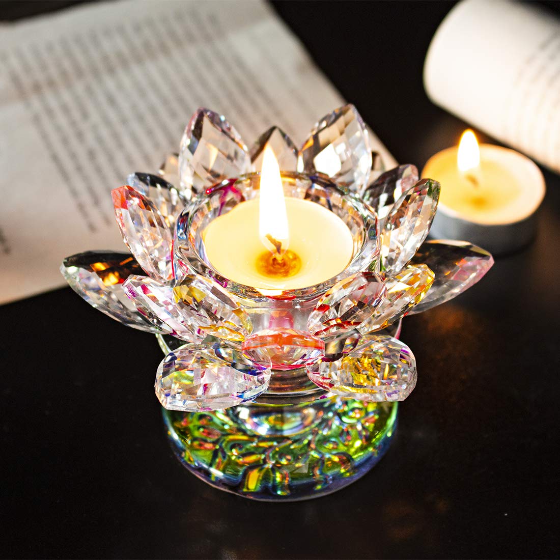 H&D HYALINE & DORA Colorful Crystal Lotus Flower Candle Holder Tealight Holders (4.5inch-Multi)