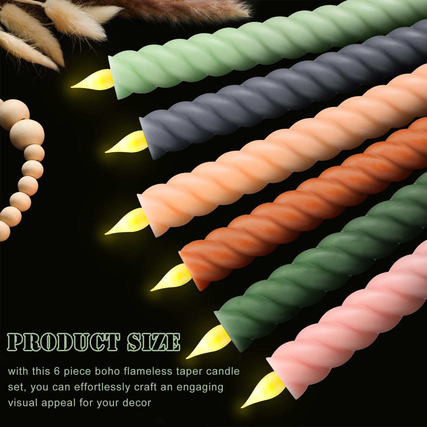 Baquler 6 Pcs Pastel Flameless Taper Candle Twisted 9.65 in Spring Colorful Taper Candles Battery Operated Pastel Spiral Candlestick LED for Wedding Birthday Home Party Holiday Dinner Fireplace