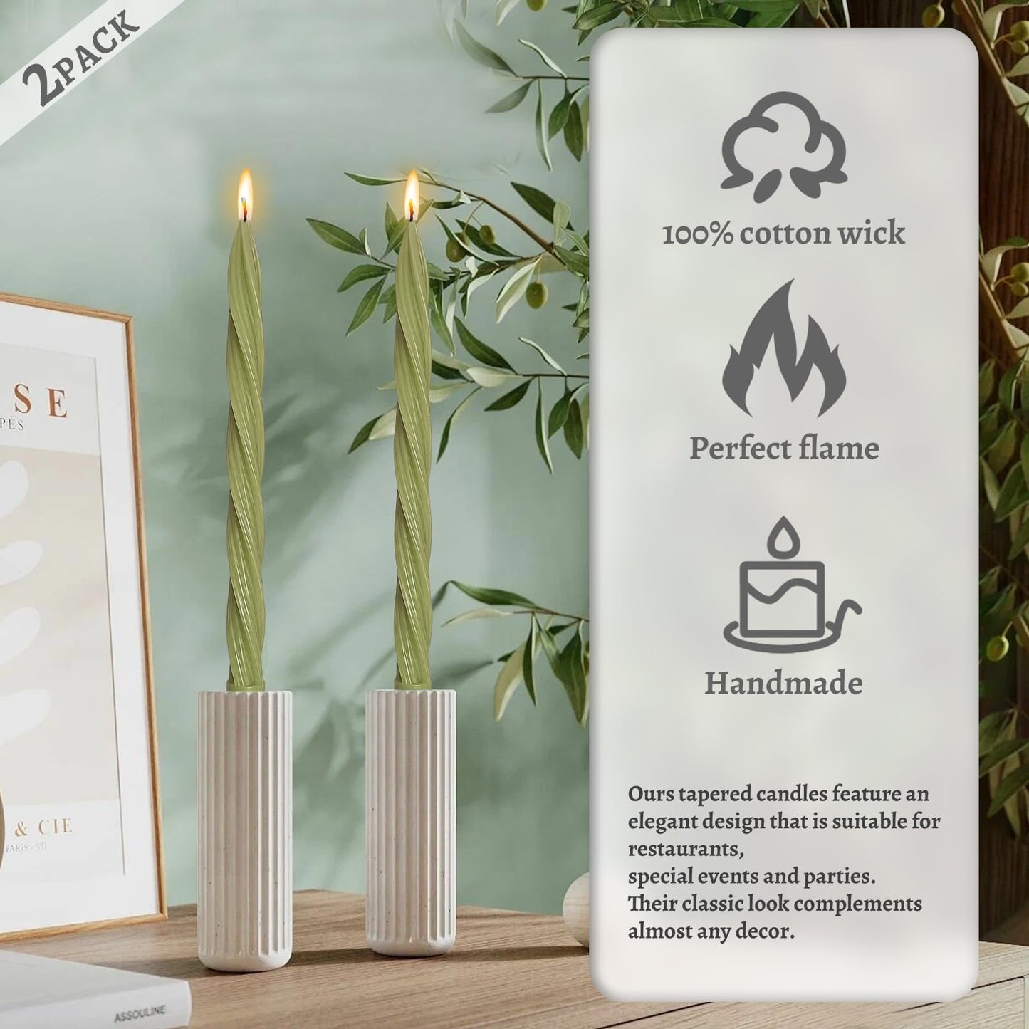 Handmade Unscented Long Spiral Taper Candle Grass Green 10 Inch Smokeless Tall Twisted Candlesticks Elegant Design for Home Weddings Festive Seasons Décor