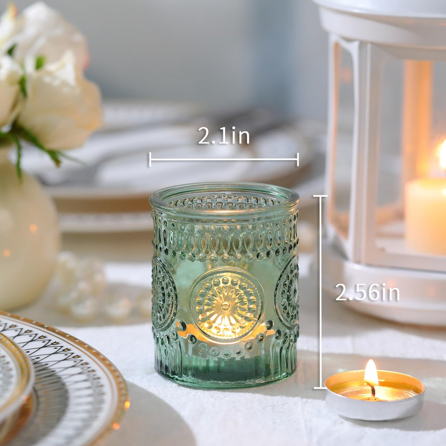 Lanttu 12pcs Green Votive Candle Holders，Glass Tea Lights Candle Holder Bulk for Birthday Parties, Weddings, Table Decorations, Candlelight Dinners