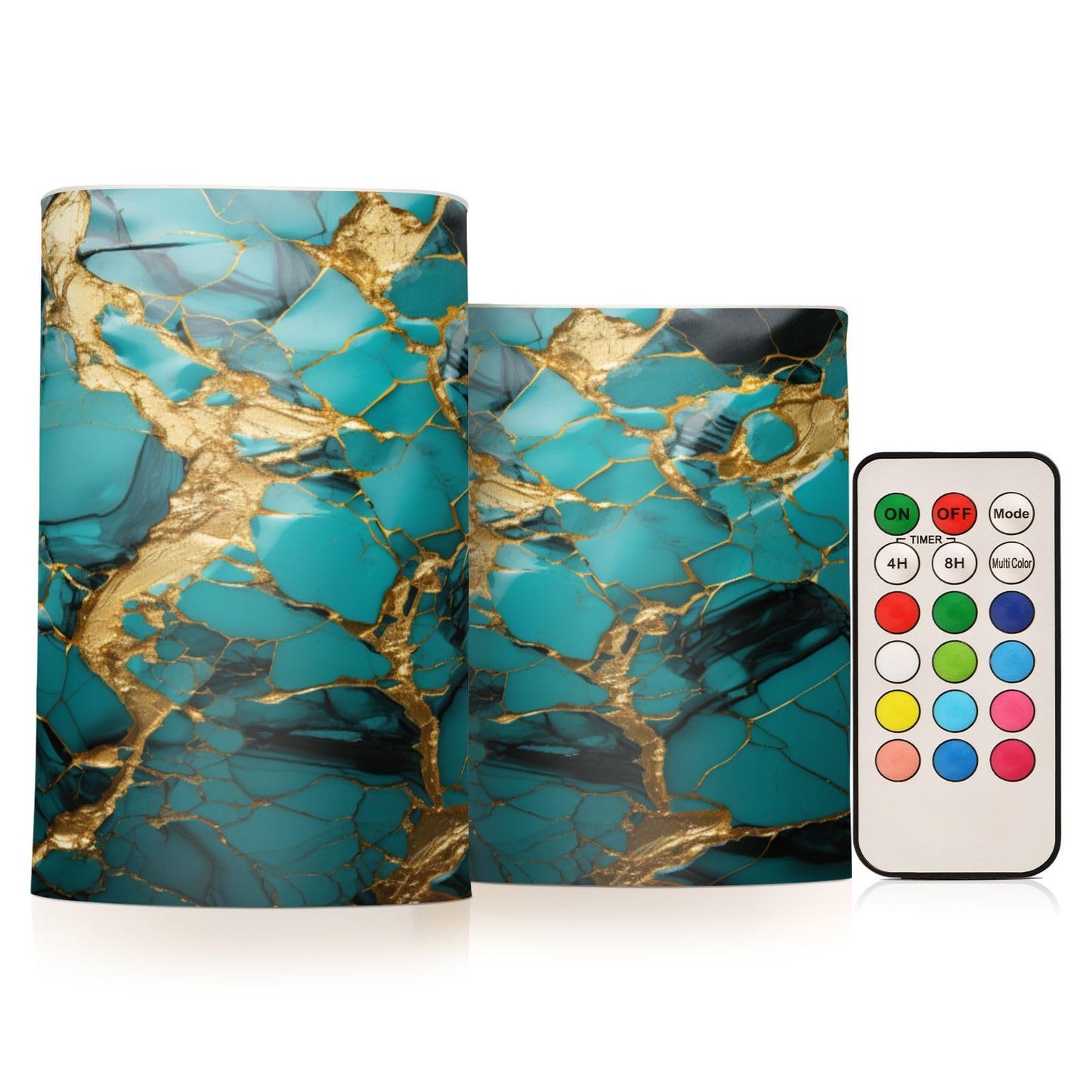 BOENLE Flickering Flameless Candles, Turquoise Golden Marble LED Candles with Remote Timer, Set of 2 Battery Operated Candle for Valentine Wedding Birthday