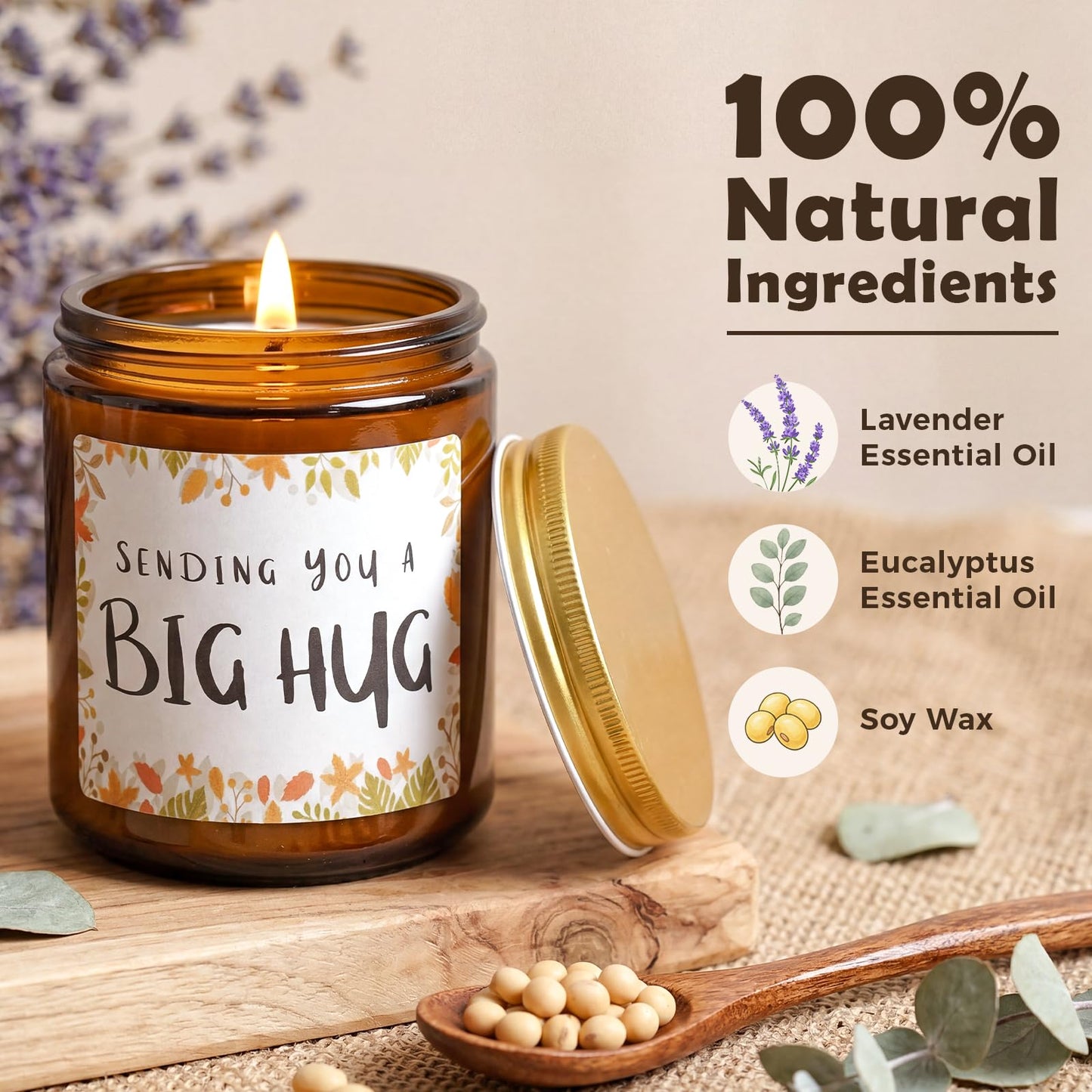 MULCHUM Lavender Scented Candle, Thinking of You Hug Gift for Friends, Relaxing Natural Soy Wax Jar Candle for Women Girlfriend Mom Sisters Stress Relief, 7oz 45 Hours Long Lasting Burn