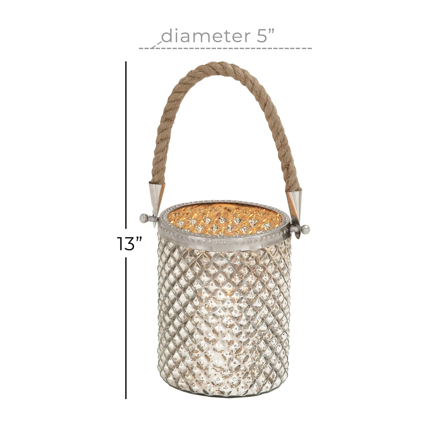 Deco 79 Glass Handmade Indoor Outdoor Candle Lantern Decorative Lantern Candle Holder with Rope Handle, Lantern 5" x 5" x 13", Silver