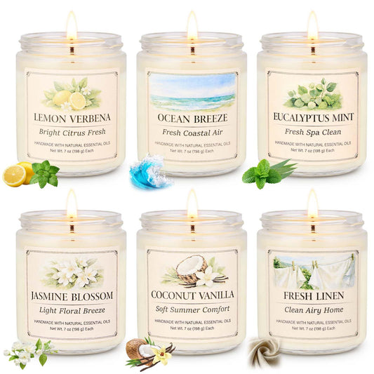 Scented Candle Gift Set, 6 Pack 7oz Natural Soy Wax Aromatherapy Candles, Coconut Vanilla Lemon Verbena Fresh Linen Scents, Long Burning Candles for Home Relaxation & Gifting