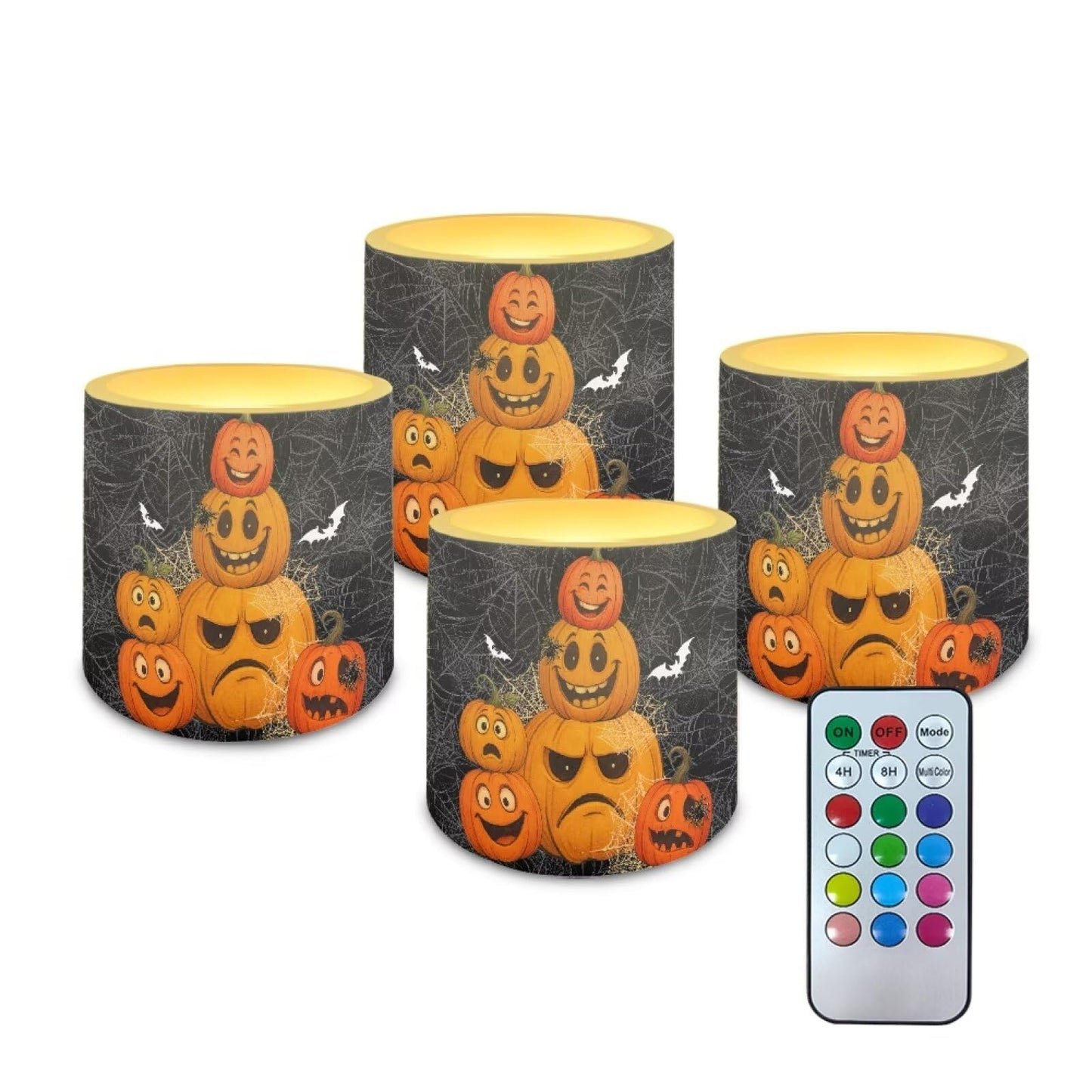 Merkmak 4 Pack Flameless Candles with Remote Halloween Pumpkin Bat Battery Operated Pillar Candles with Timer LED Elictric Tealights for Trick or Treat Party Banquet Home Decorations