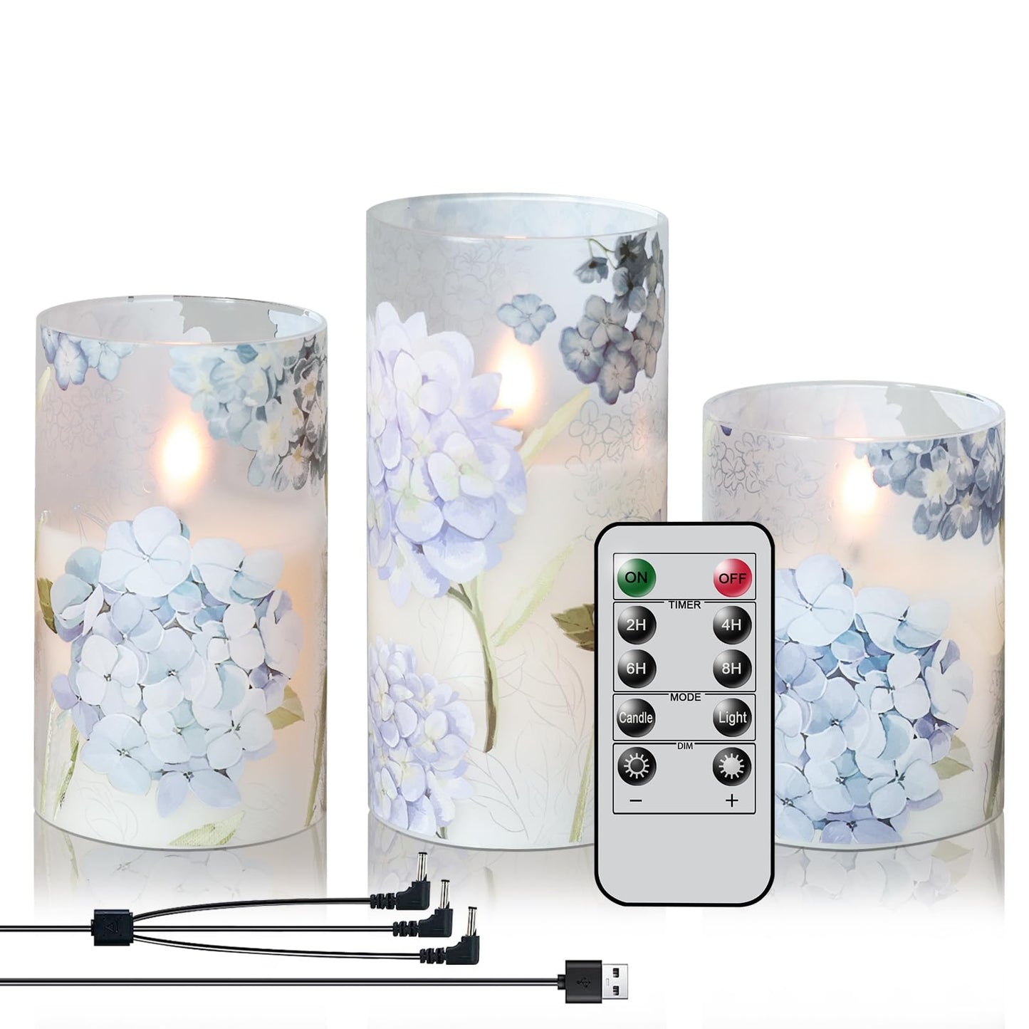 DRomance Rechargeable Hydrangea Glass Flameless Candles with Remote Timer Battery Operated LED Flickering Pillar Candles Real Wax Spring Dinner Christmas Holiday Decor D3 x H4, 5", 6"
